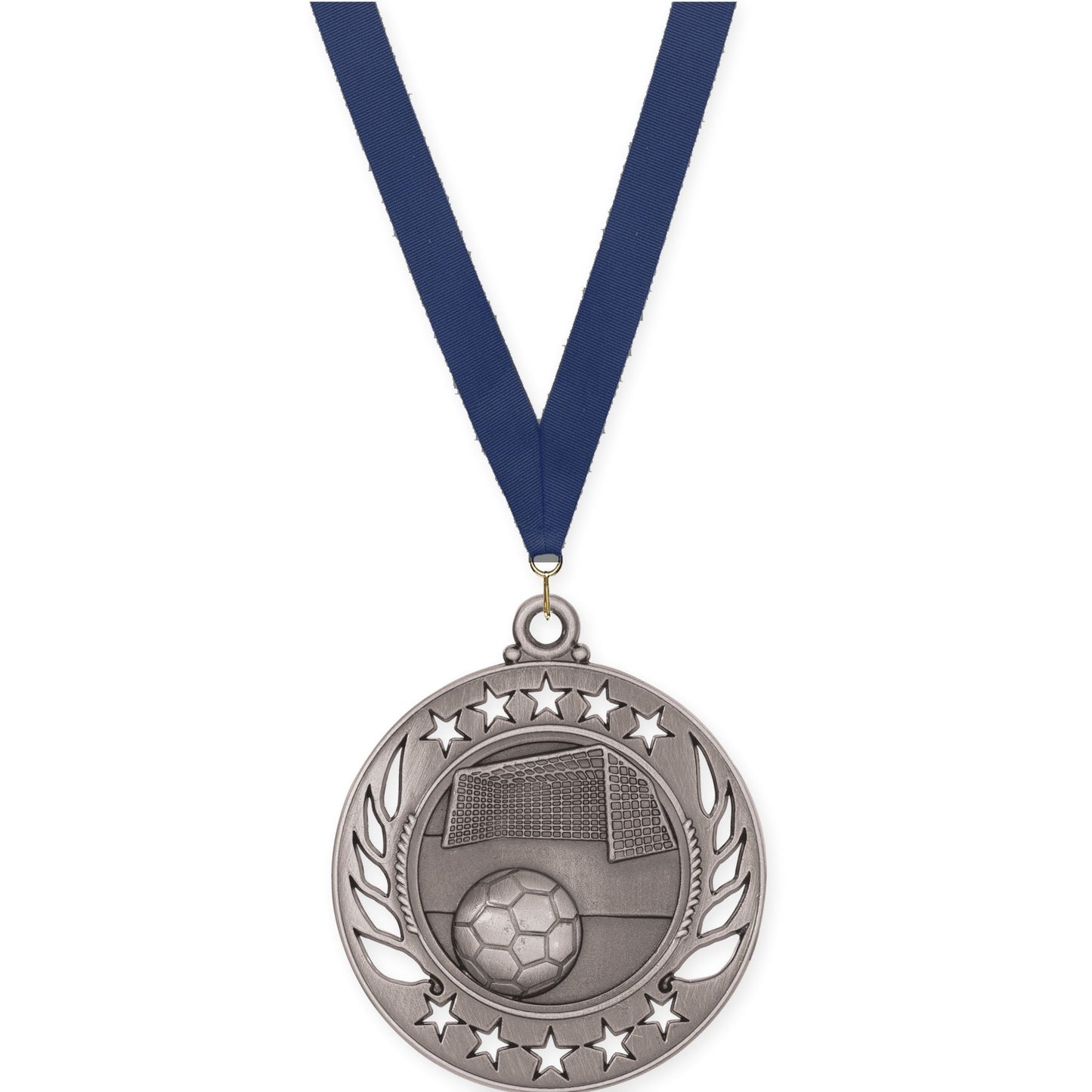 2 1/4 inch soccer Galaxy medal in antique silver with Navy neck ribbon