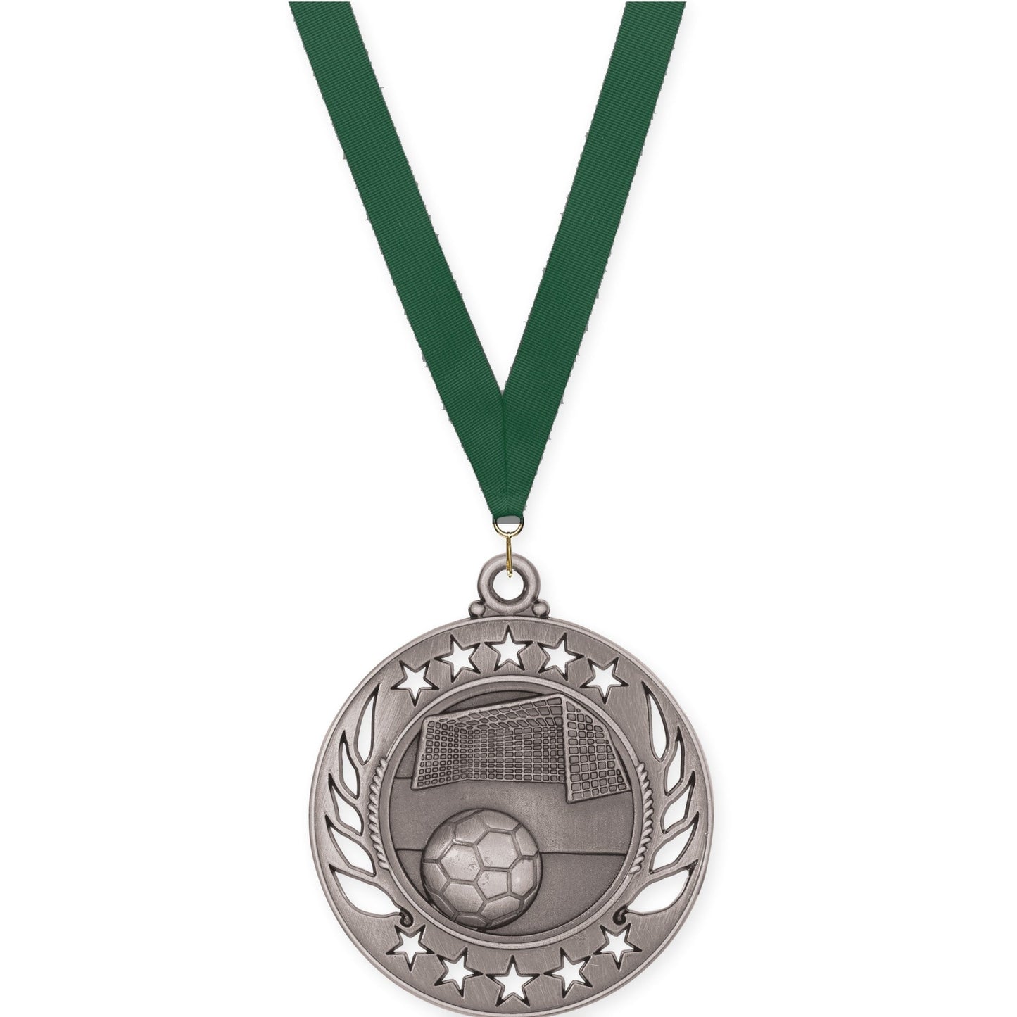 2 1/4 inch soccer Galaxy medal in antique silver with Hunter Green neck ribbon