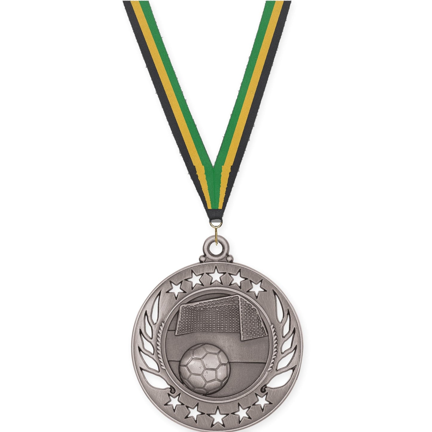 2 1/4 inch soccer Galaxy medal in antique silver with Black Gold Green neck ribbon