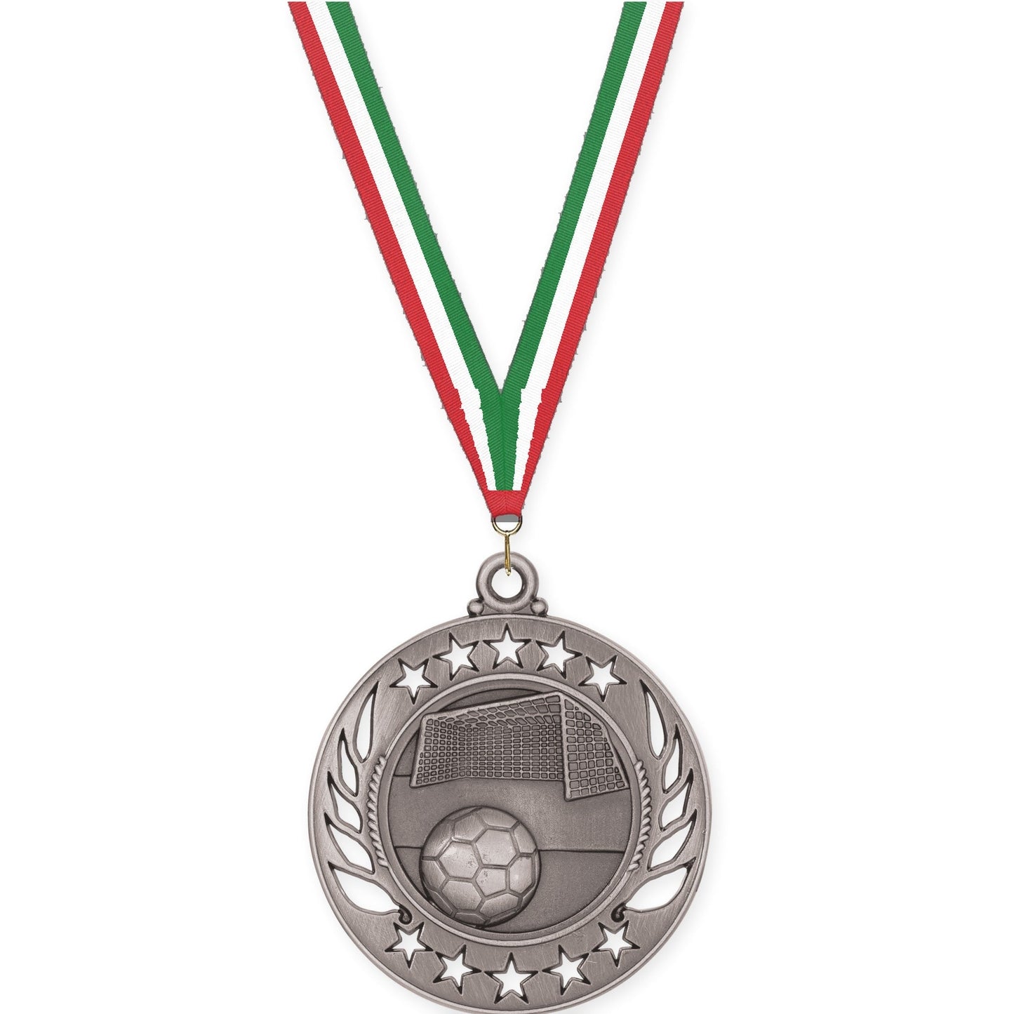 2 1/4 inch soccer Galaxy medal in antique silver with Red White Green neck ribbon