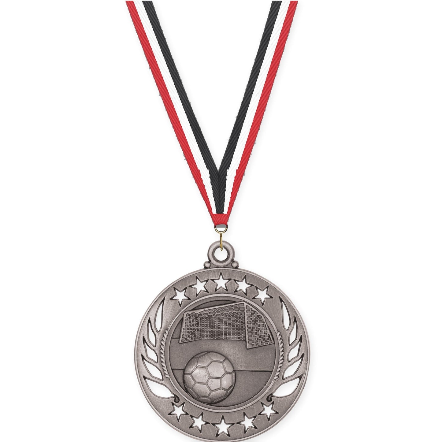 2 1/4 inch soccer Galaxy medal in antique silver with Red White Black neck ribbon