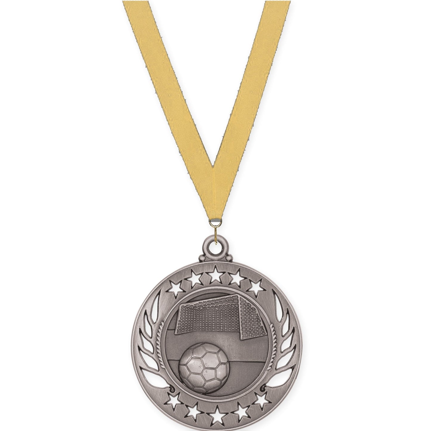2 1/4 inch soccer Galaxy medal in antique silver with Gold Metallic neck ribbon