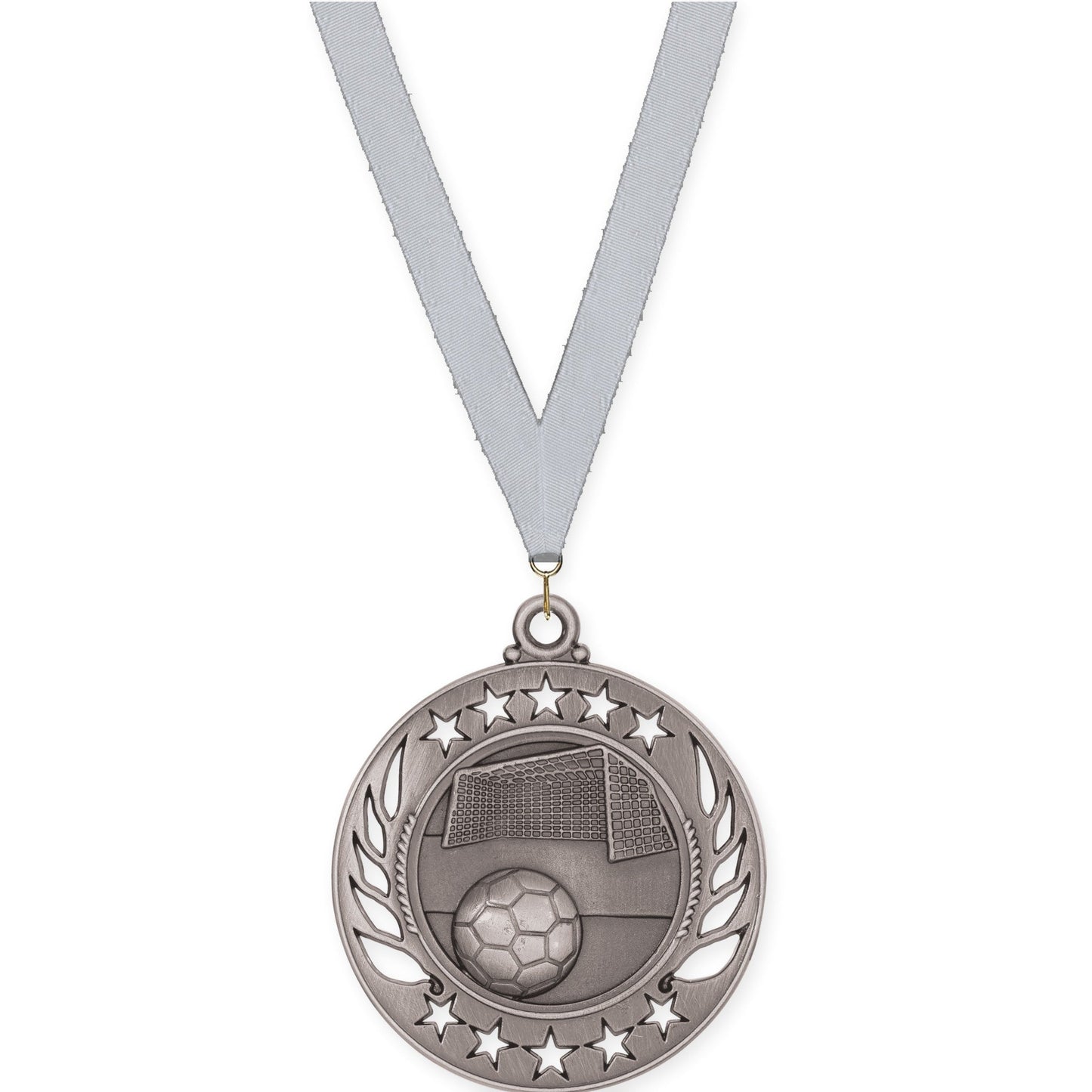 2 1/4 inch soccer Galaxy medal in antique silver with Silver Metallic neck ribbon