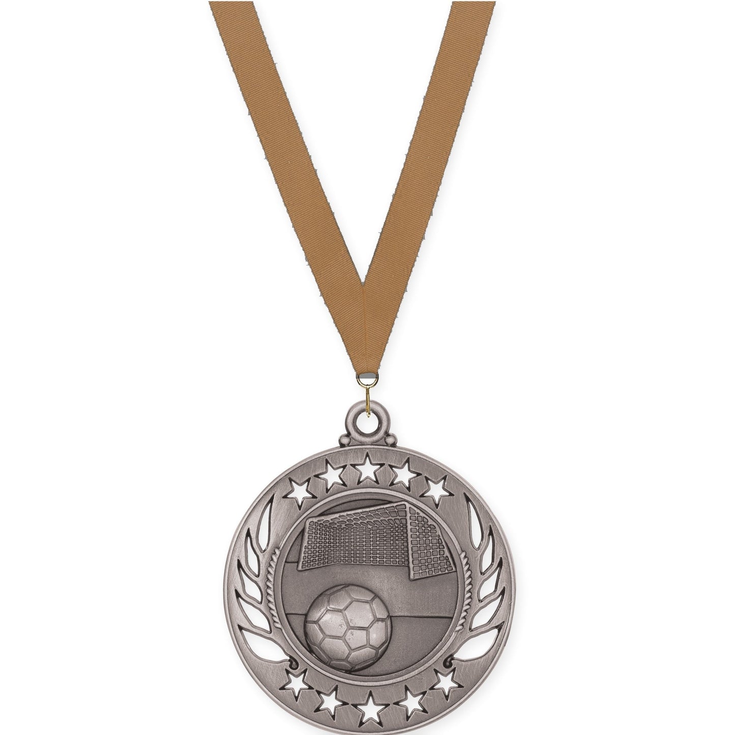 2 1/4 inch soccer Galaxy medal in antique silver with Bronze Metallic neck ribbon