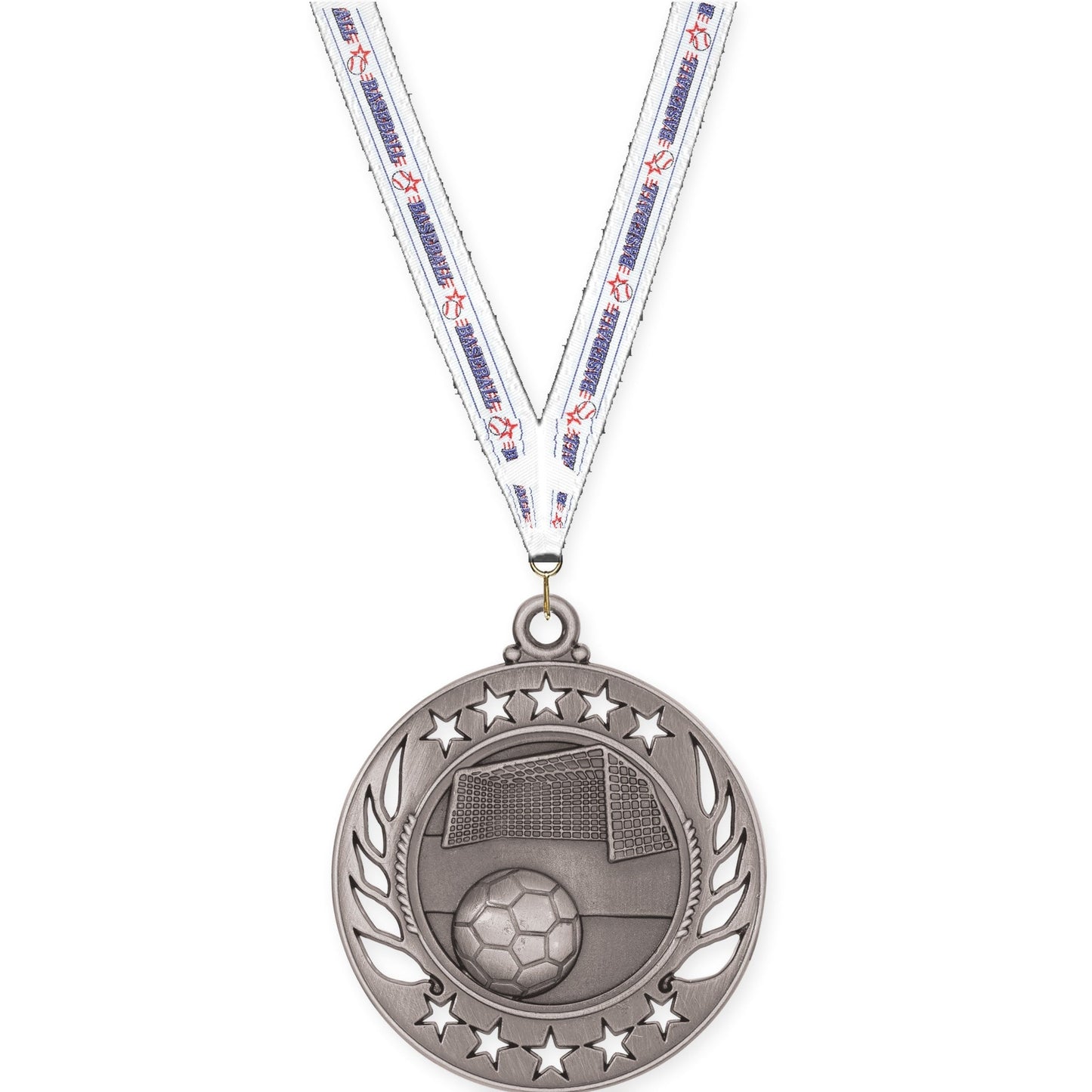 2 1/4 inch soccer Galaxy medal in antique silver with Baseball neck ribbon
