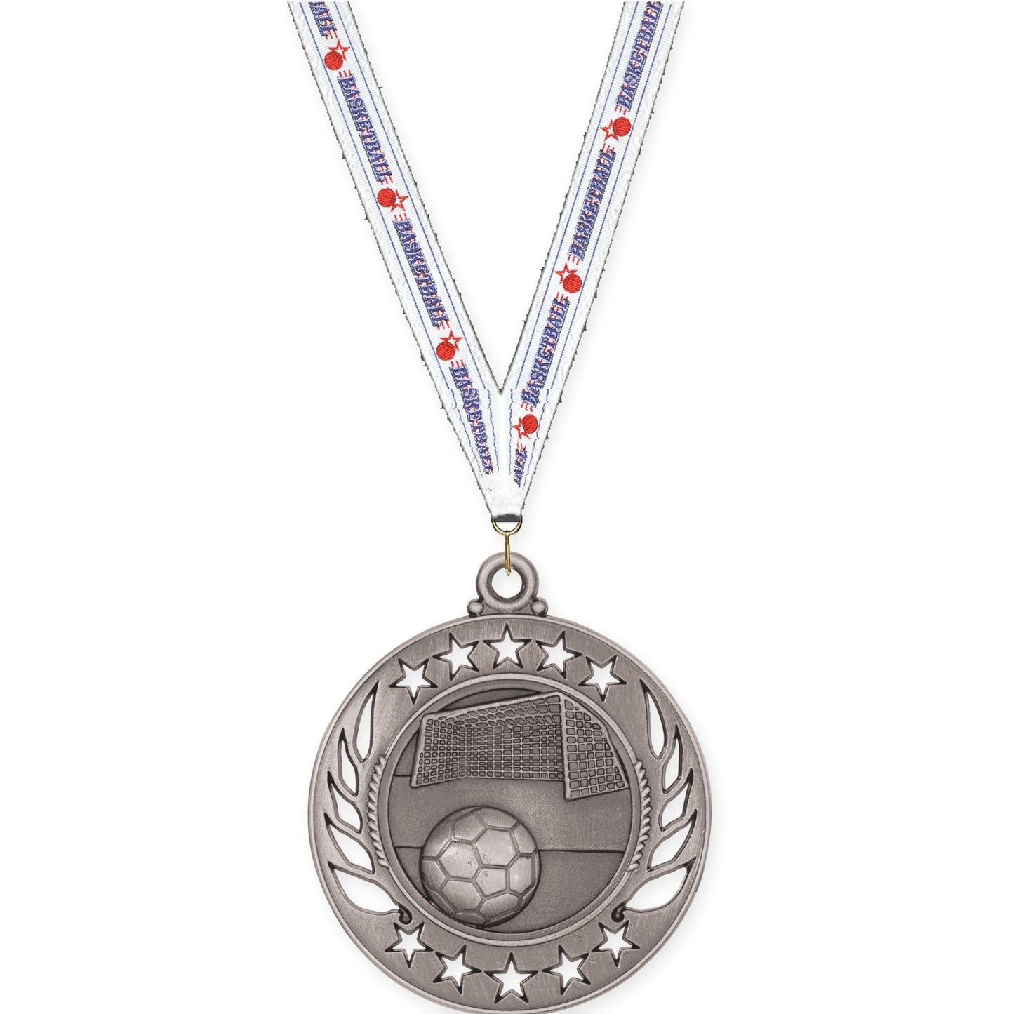 2 1/4 inch soccer Galaxy medal in antique silver with Basketball neck ribbon