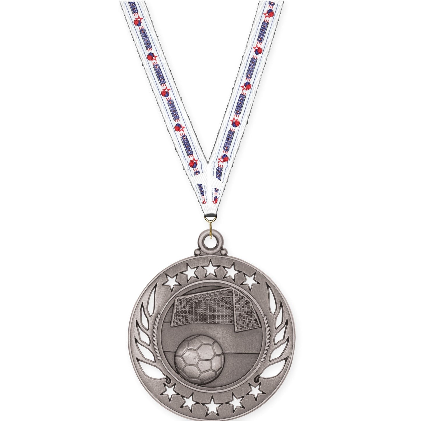 2 1/4 inch soccer Galaxy medal in antique silver with Cheerleading neck ribbon