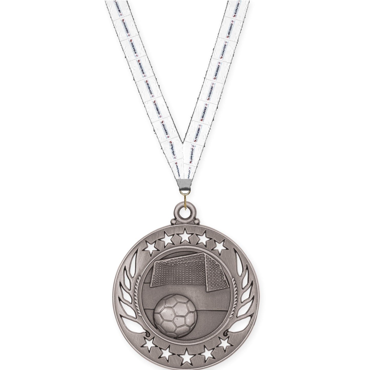 2 1/4 inch soccer Galaxy medal in antique silver with Gymnastics neck ribbon
