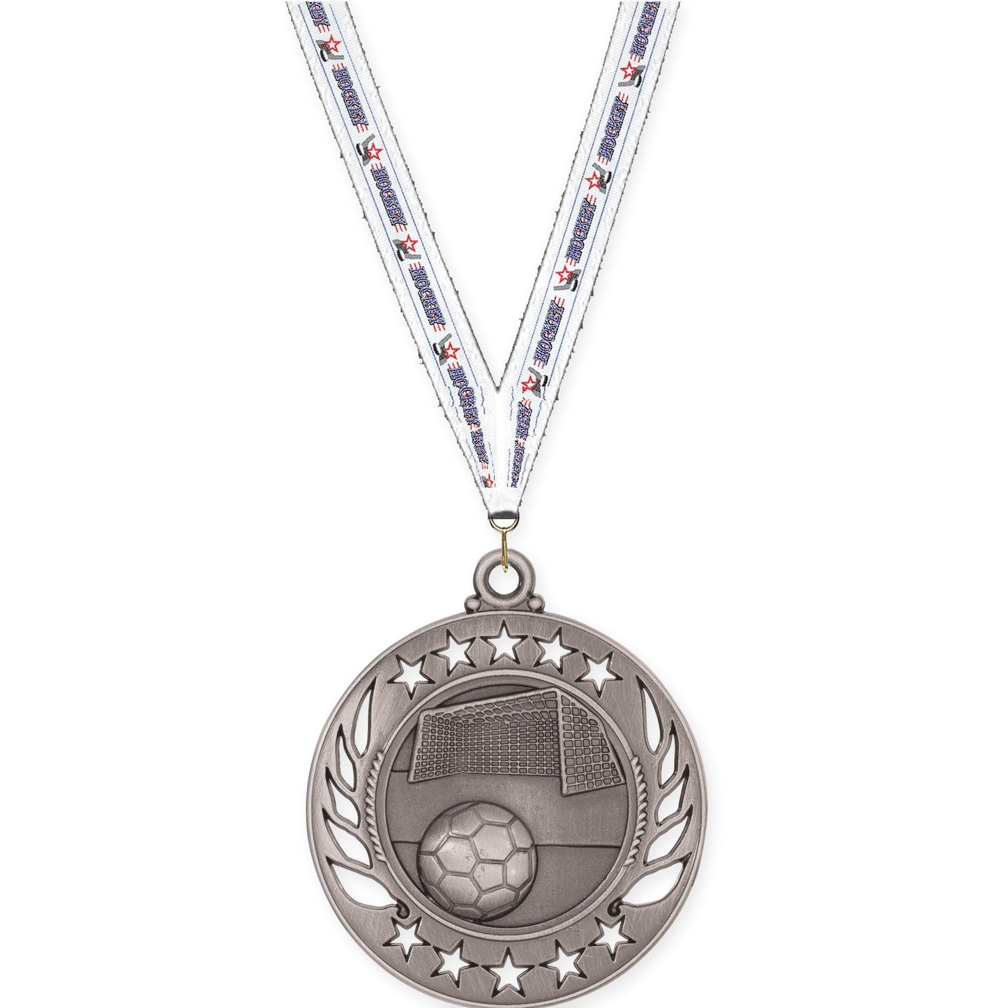 2 1/4 inch soccer Galaxy medal in antique silver with Hockey neck ribbon