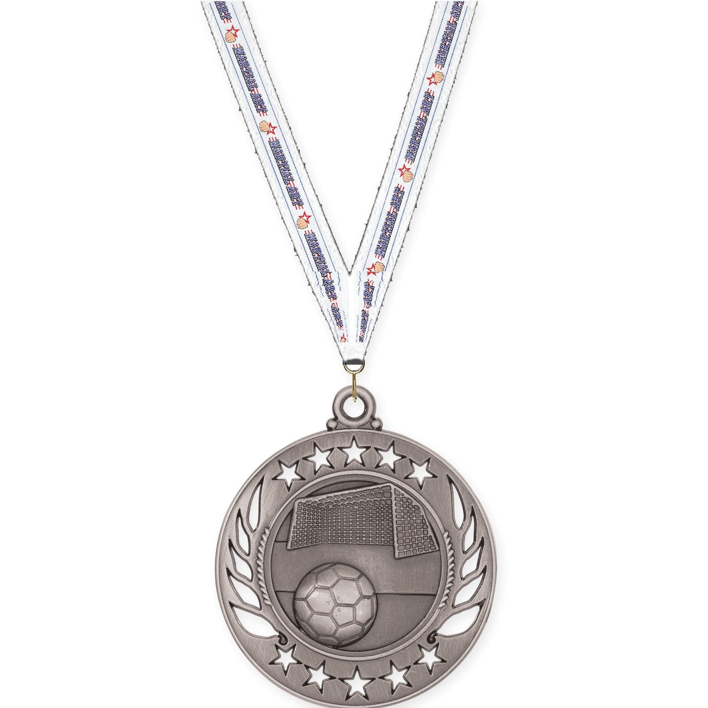 2 1/4 inch soccer Galaxy medal in antique silver with Martial Arts neck ribbon