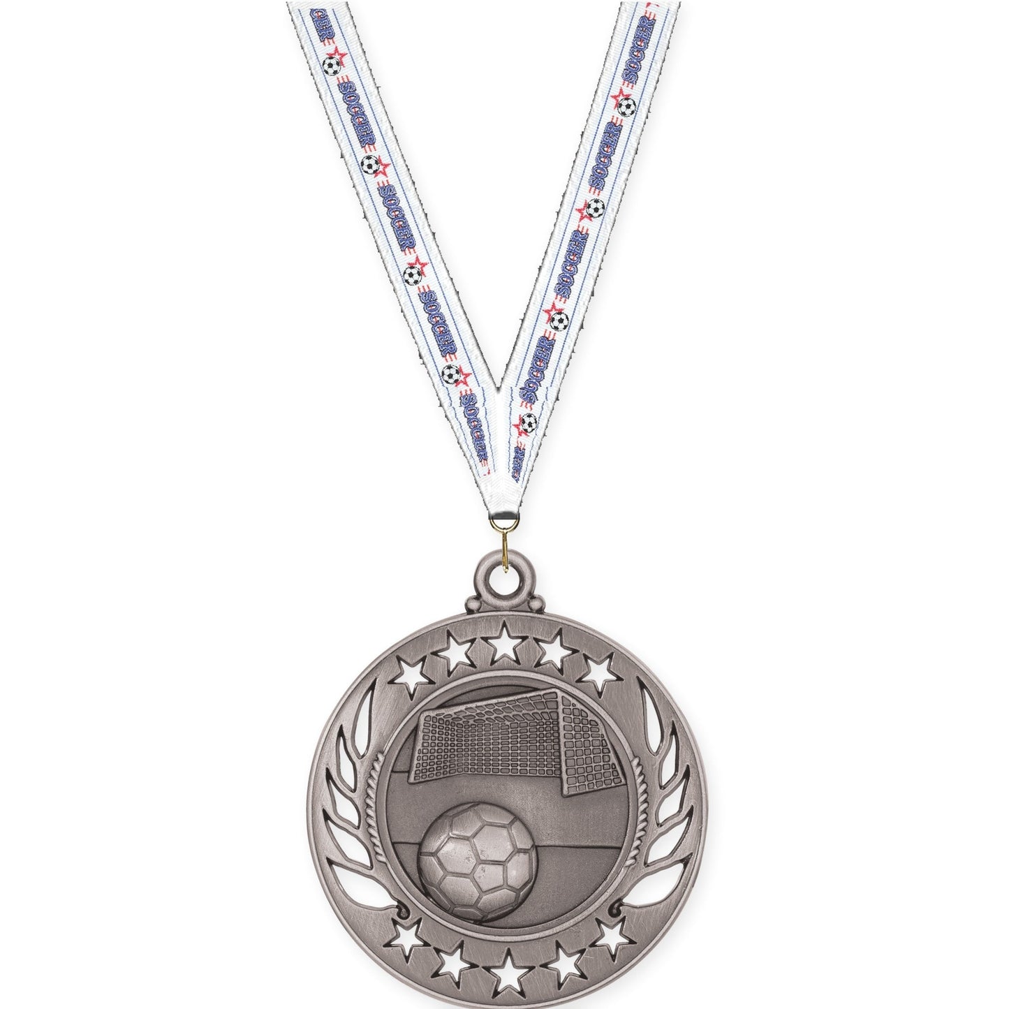 2 1/4 inch soccer Galaxy medal in antique silver with Soccer neck ribbon