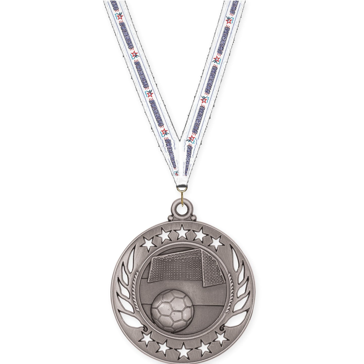 2 1/4 inch soccer Galaxy medal in antique silver with Swimming neck ribbon