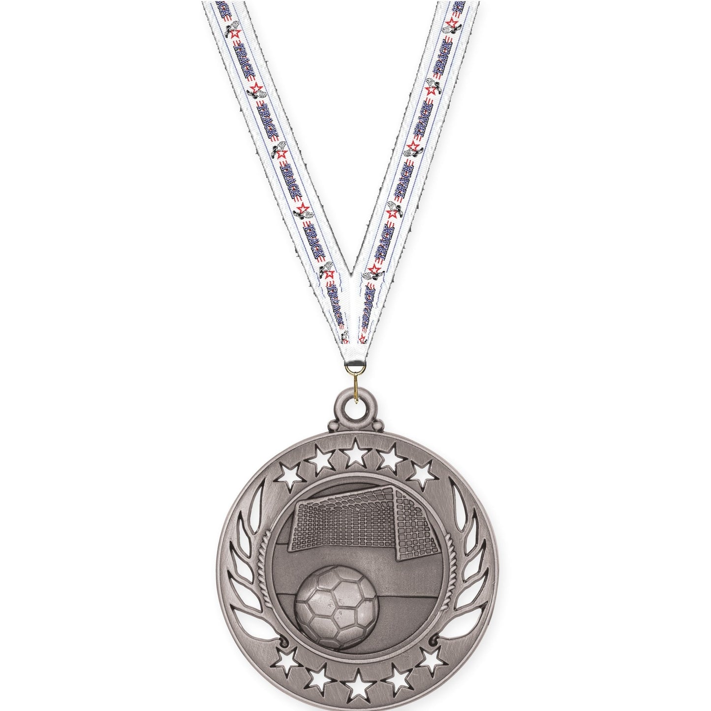 2 1/4 inch soccer Galaxy medal in antique silver with Track neck ribbon