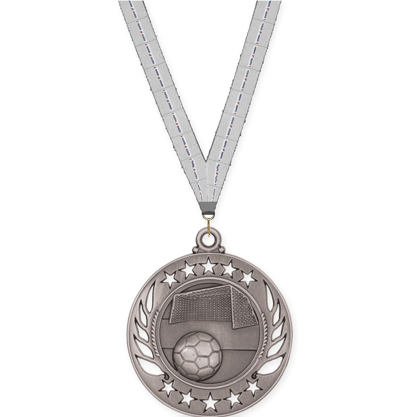 2 1/4 inch soccer Galaxy medal in antique silver with Auto Racing neck ribbon