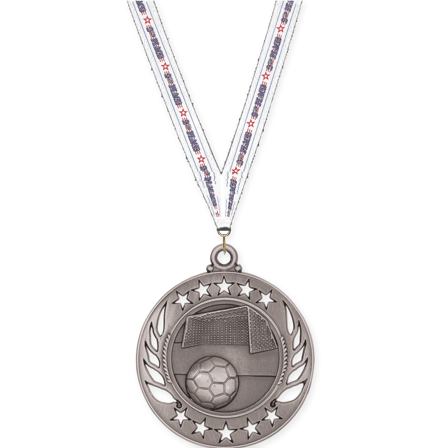 2 1/4 inch soccer Galaxy medal in antique silver with 2nd Place neck ribbon