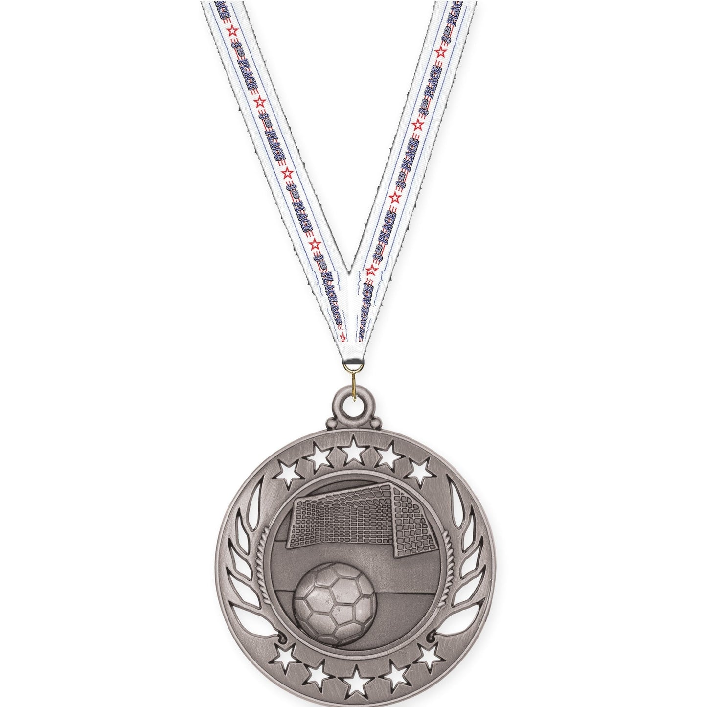 2 1/4 inch soccer Galaxy medal in antique silver with 3rd Place neck ribbon