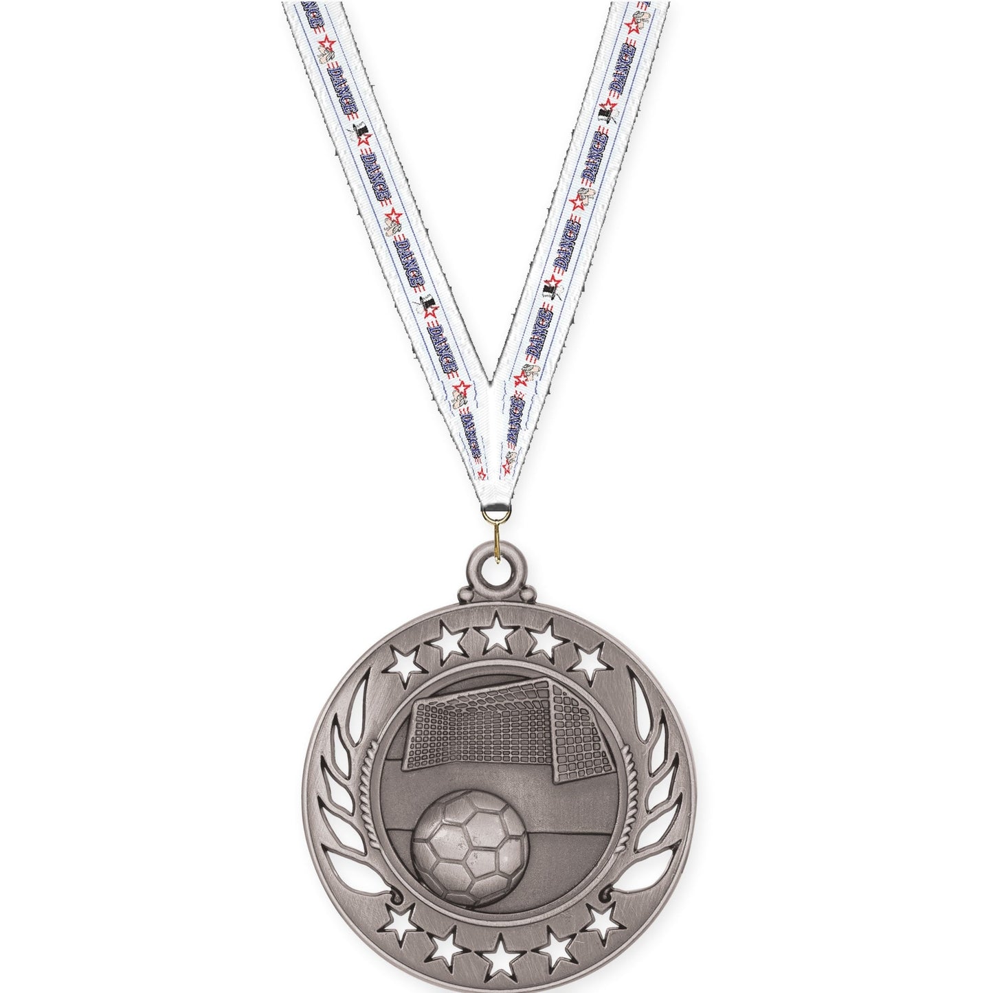 2 1/4 inch soccer Galaxy medal in antique silver with Dance neck ribbon