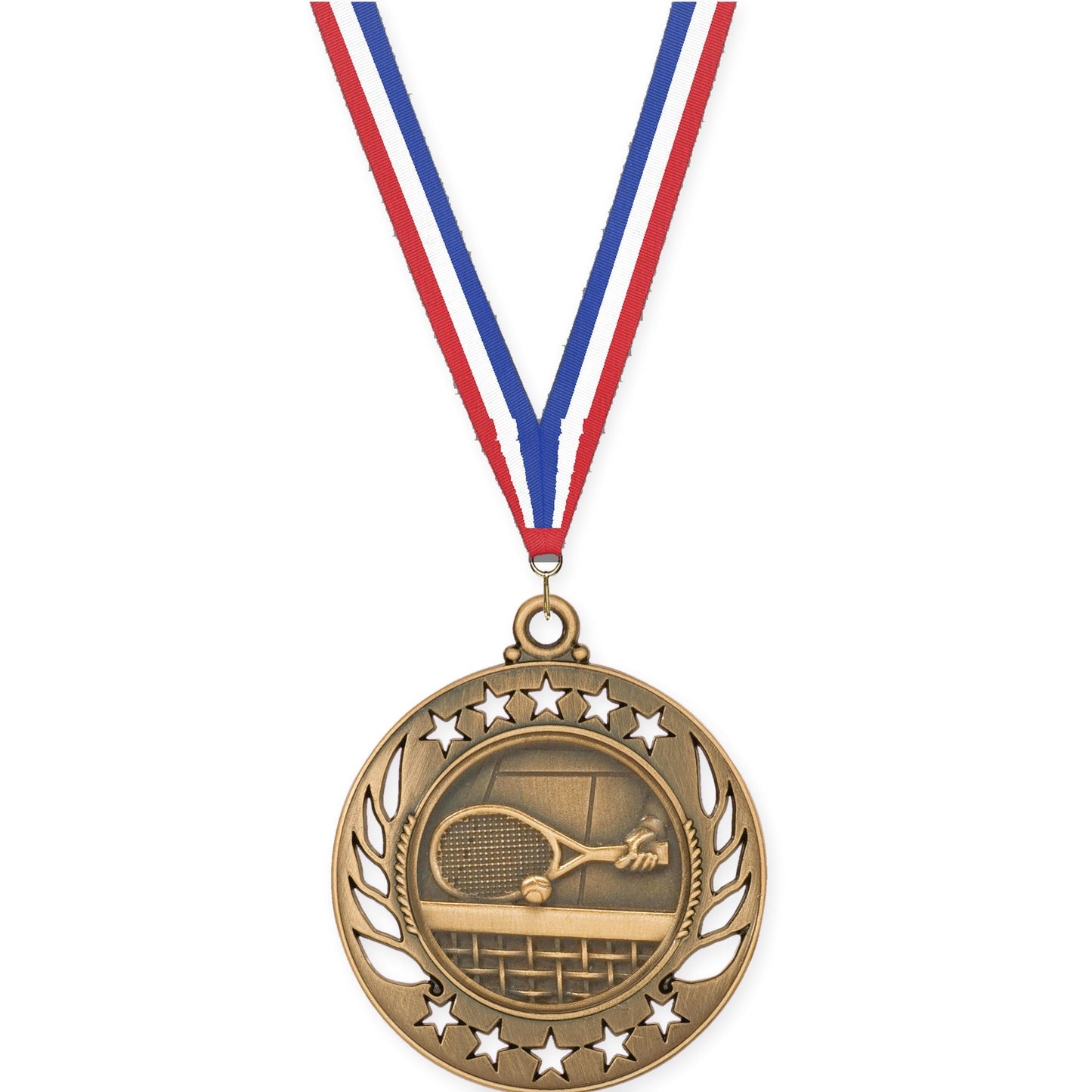 2 1/4 inch tennis Galaxy medal in antique bronze with Red White Blue neck ribbon