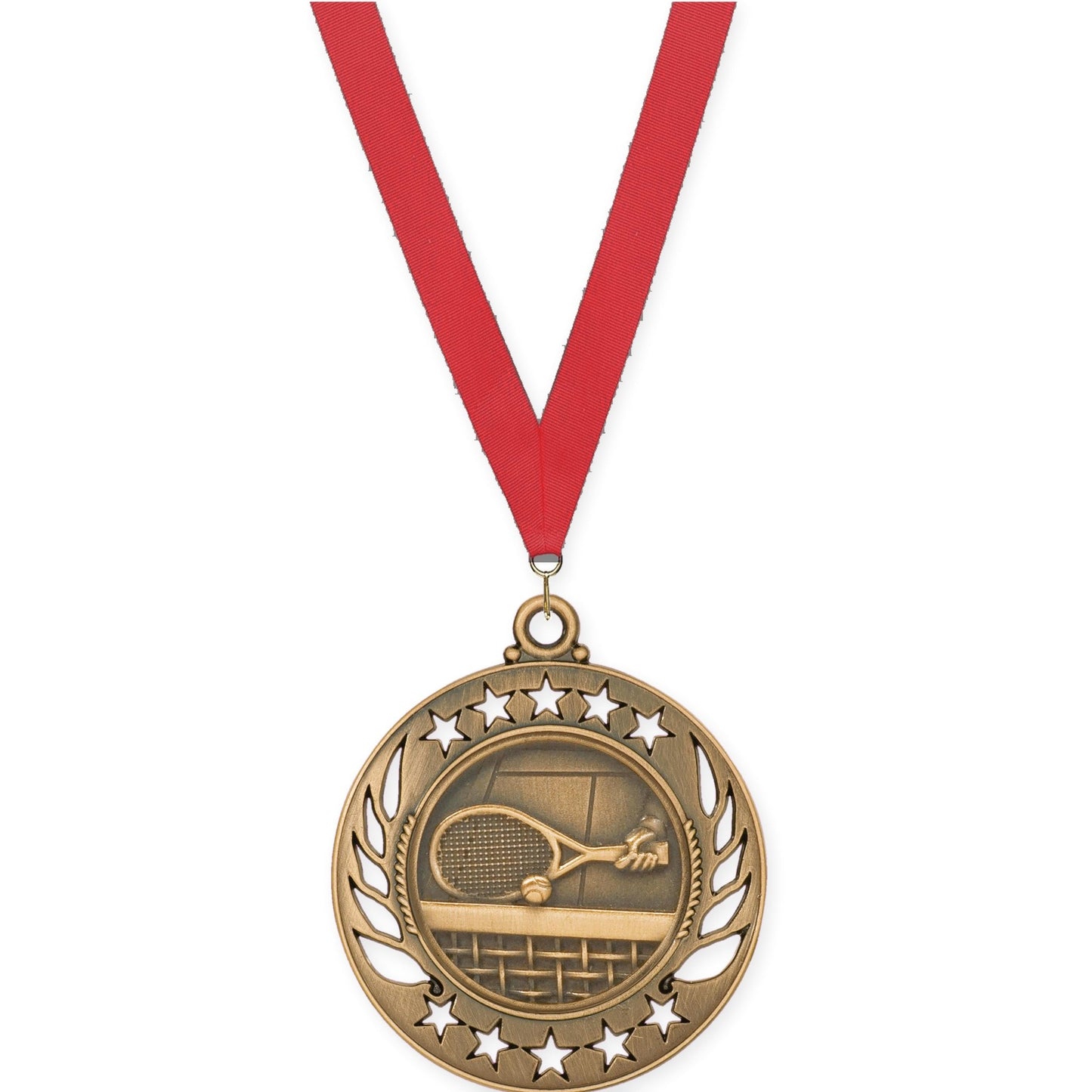 2 1/4 inch tennis Galaxy medal in antique bronze with Red neck ribbon