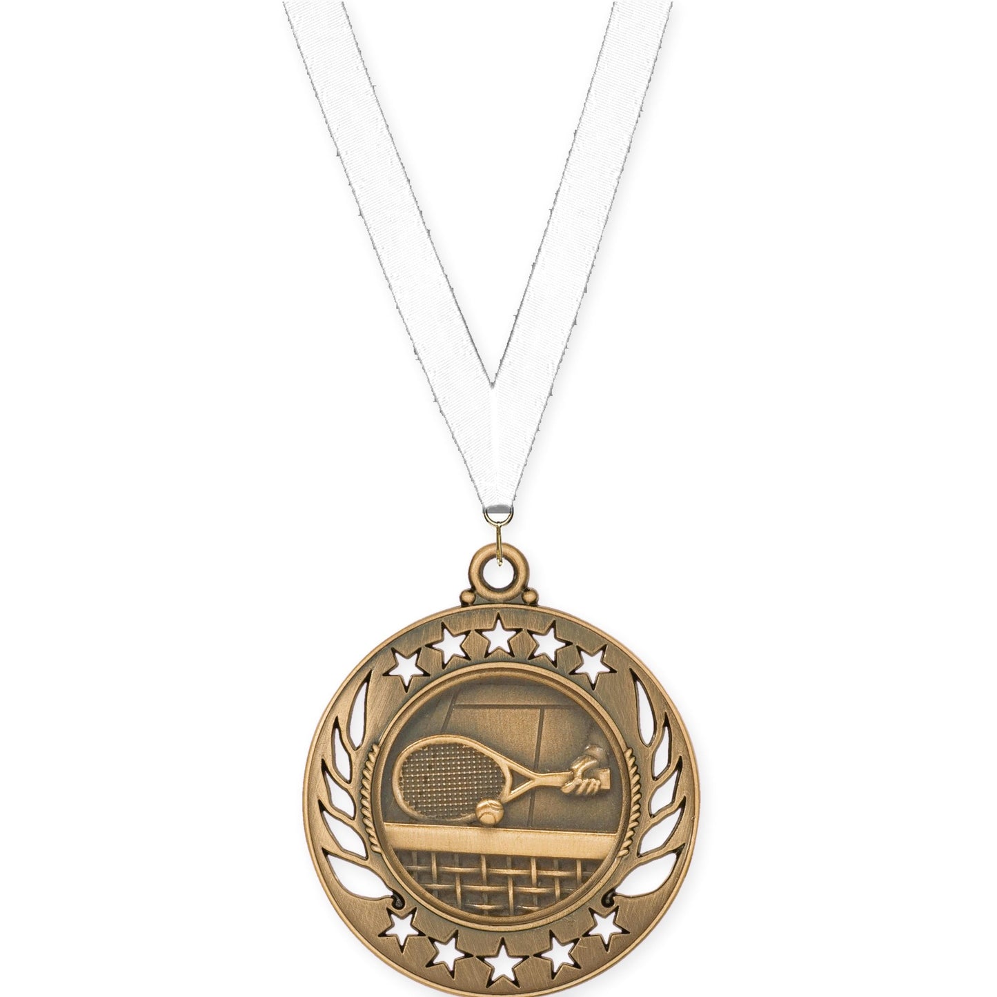 2 1/4 inch tennis Galaxy medal in antique bronze with White neck ribbon
