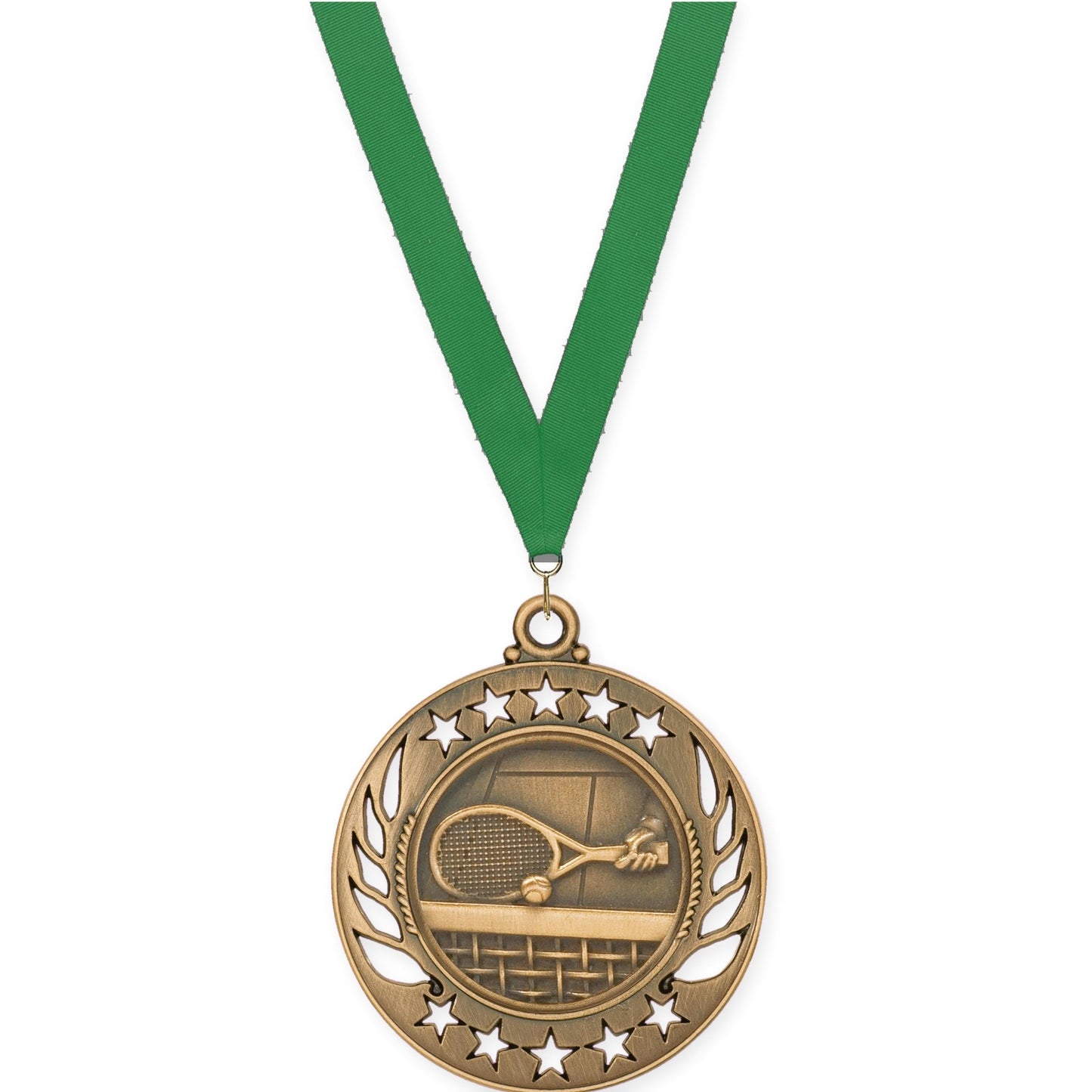 2 1/4 inch tennis Galaxy medal in antique bronze with Green neck ribbon