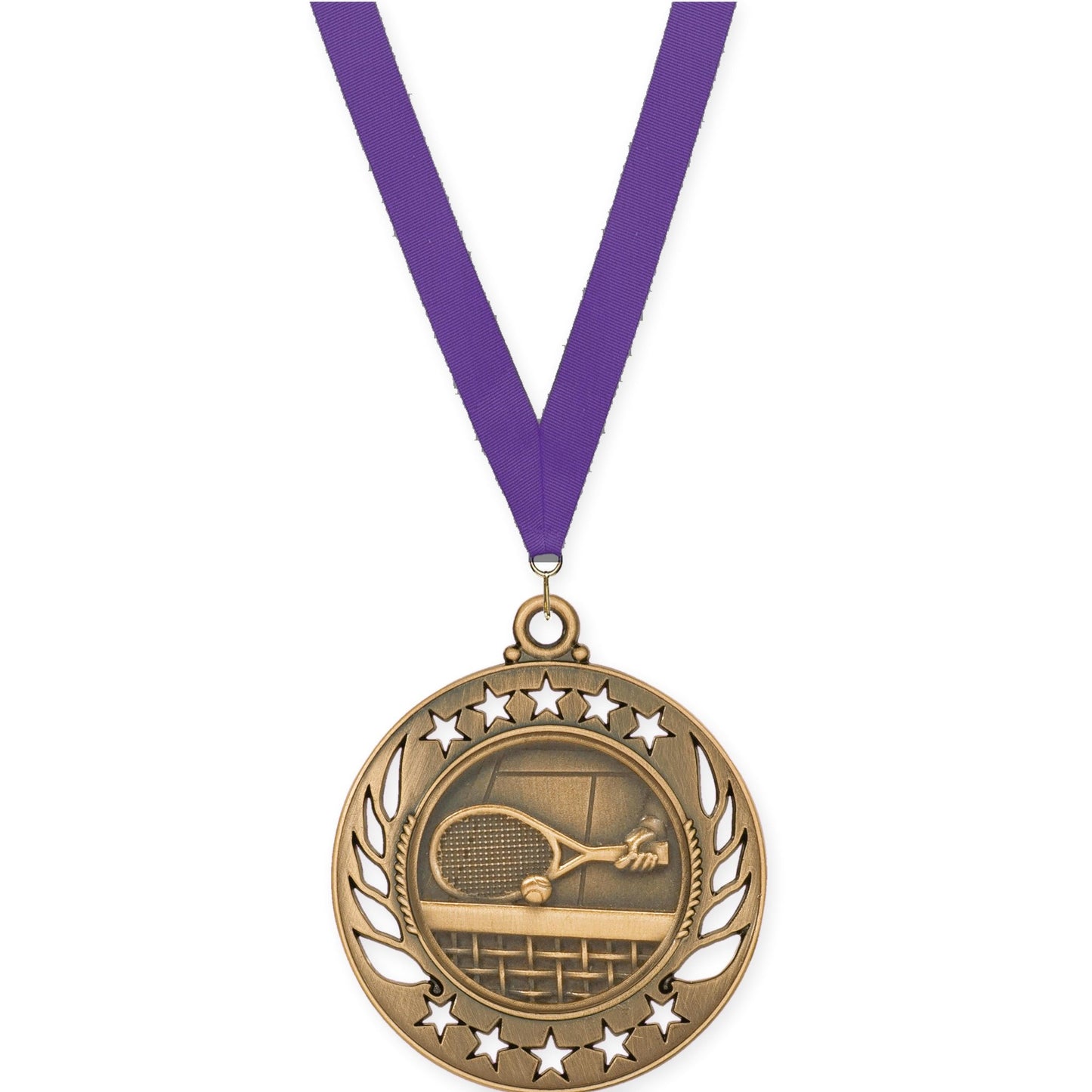 2 1/4 inch tennis Galaxy medal in antique bronze with Purple neck ribbon