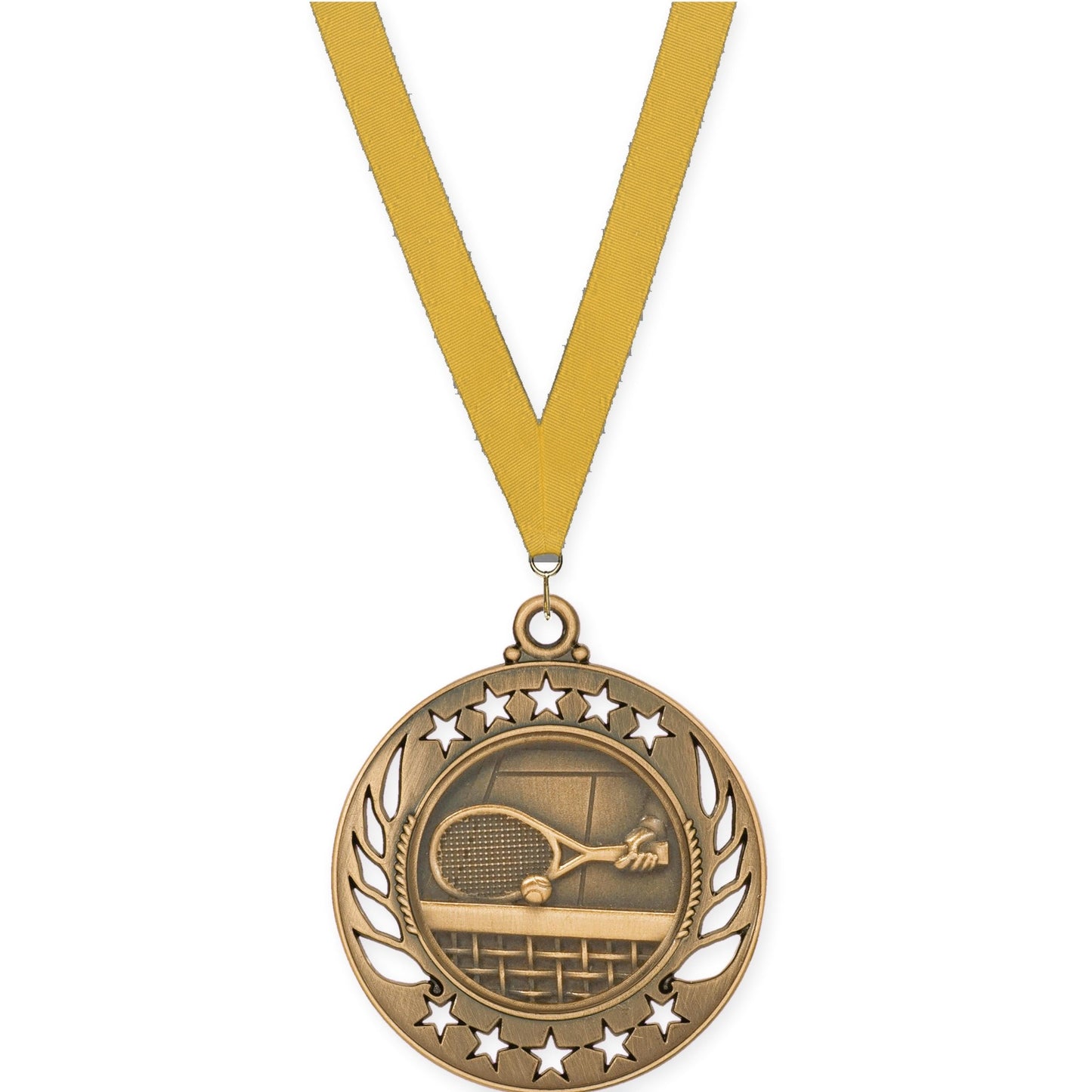 2 1/4 inch tennis Galaxy medal in antique bronze with Gold neck ribbon