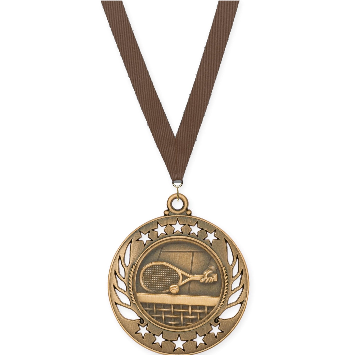 2 1/4 inch tennis Galaxy medal in antique bronze with Brown neck ribbon
