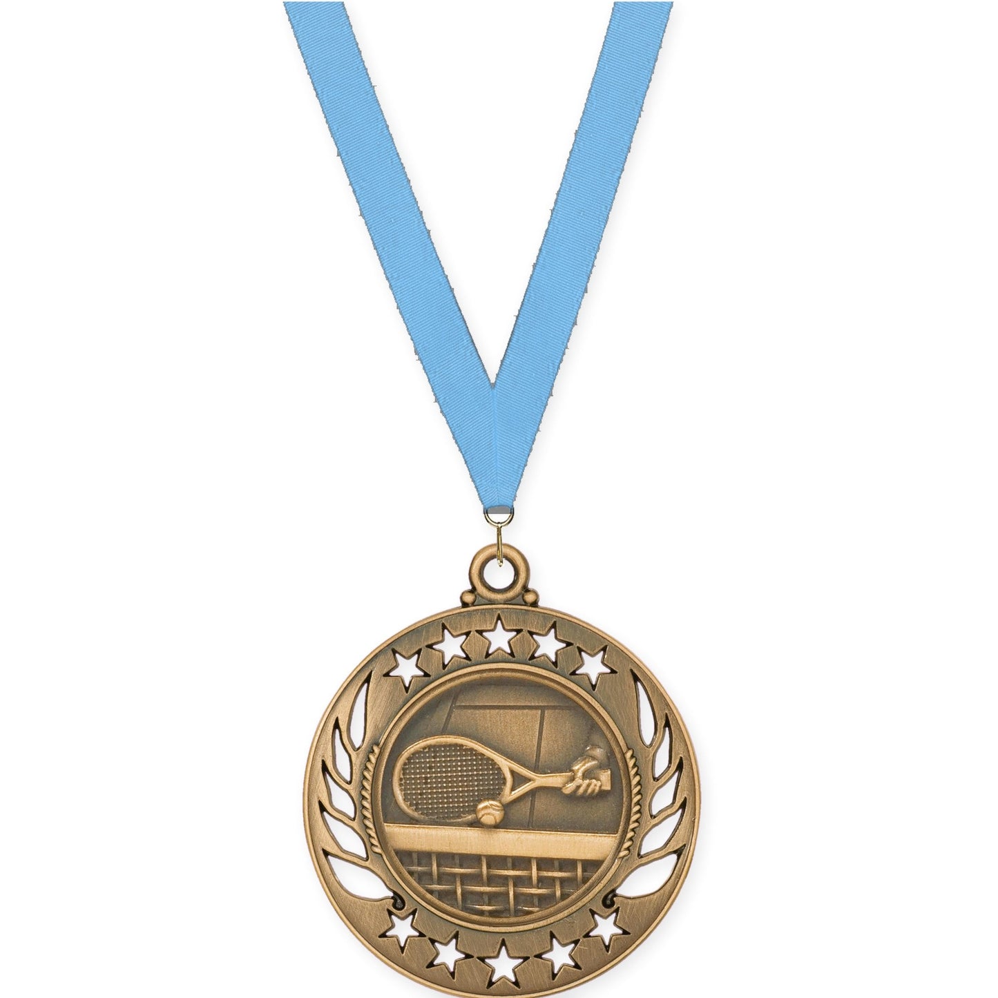 2 1/4 inch tennis Galaxy medal in antique bronze with Light Blue neck ribbon