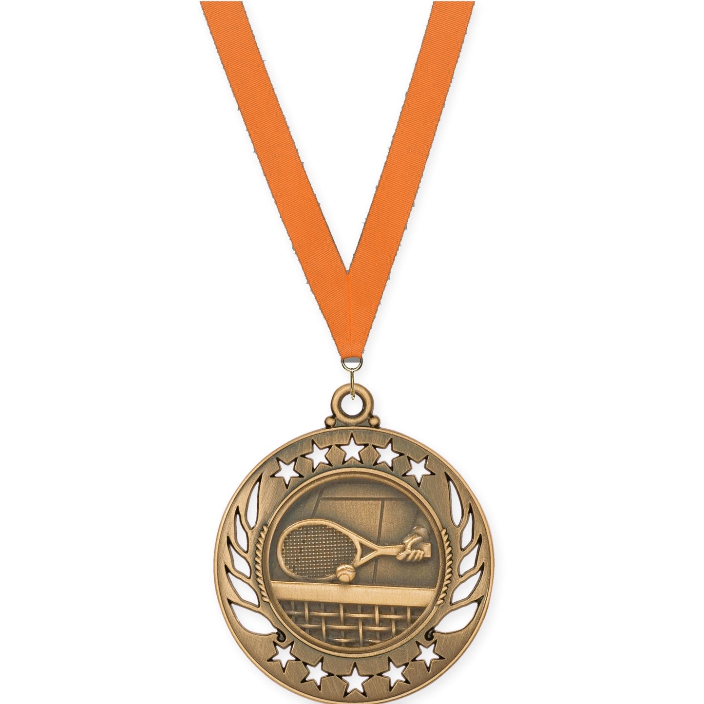 2 1/4 inch tennis Galaxy medal in antique bronze with Orange neck ribbon