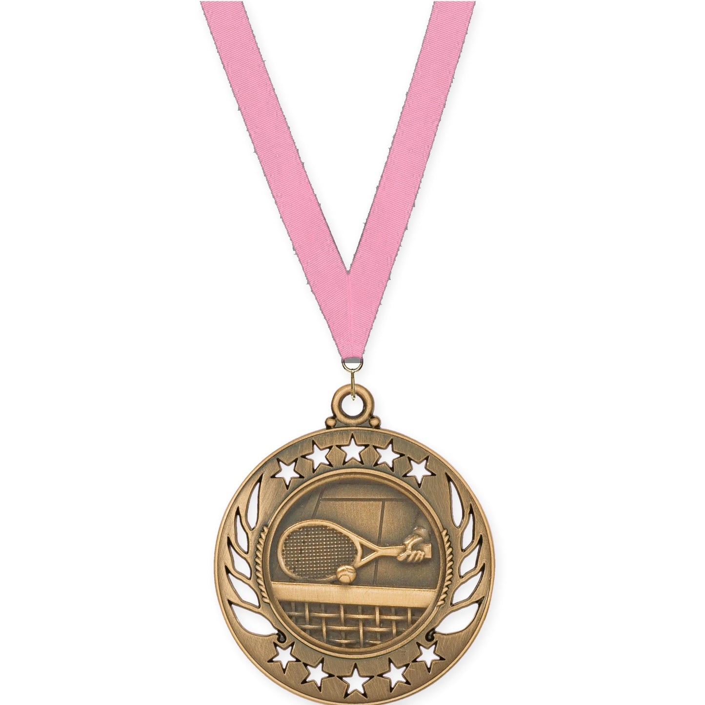 2 1/4 inch tennis Galaxy medal in antique bronze with Pink neck ribbon