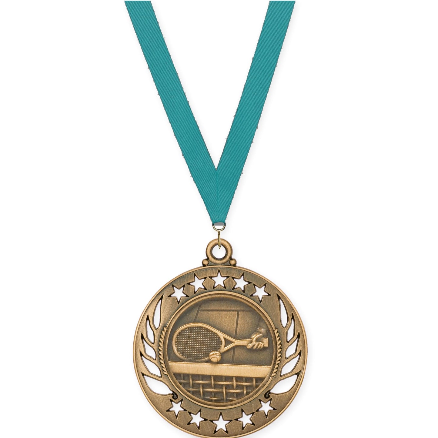 2 1/4 inch tennis Galaxy medal in antique bronze with Teal neck ribbon