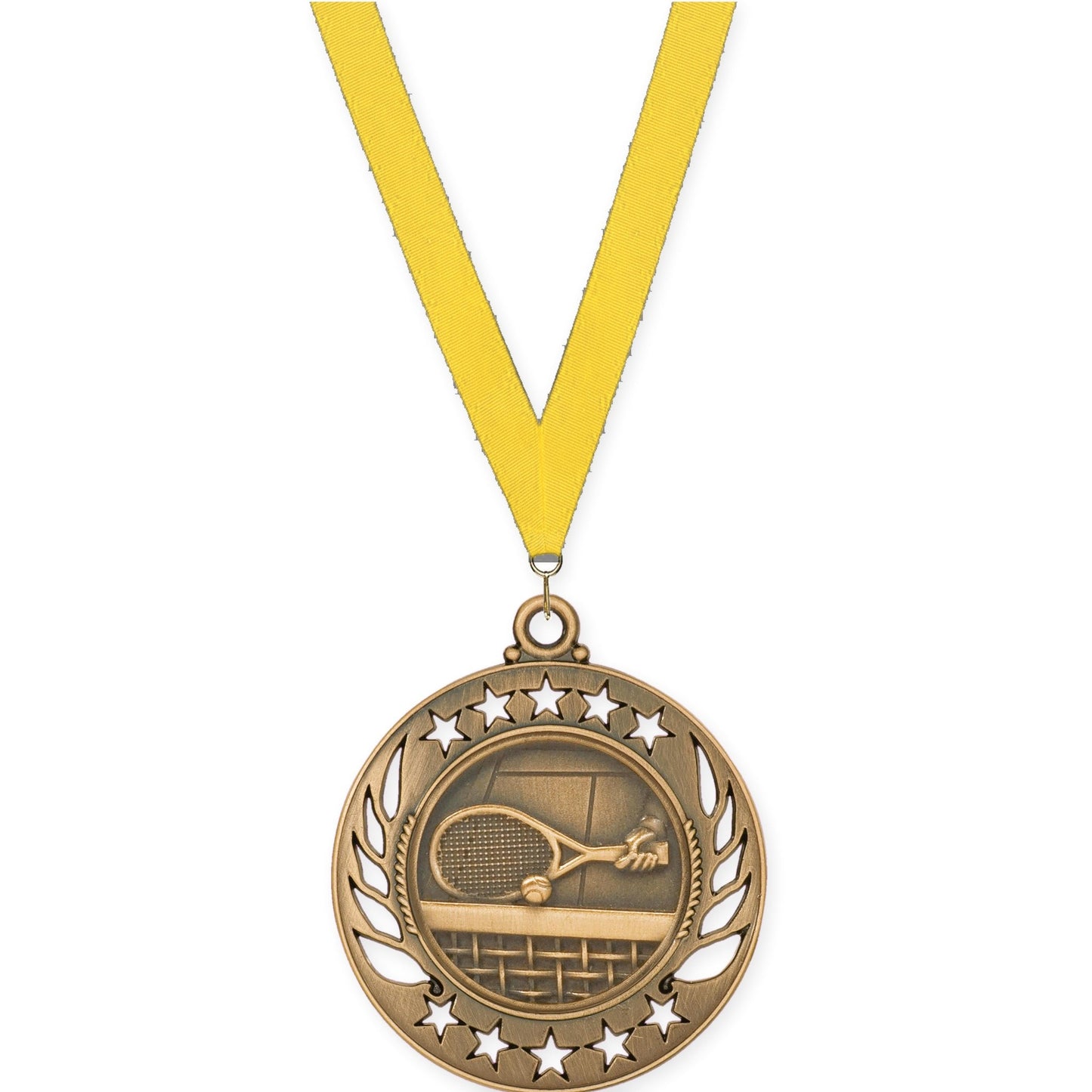 2 1/4 inch tennis Galaxy medal in antique bronze with Yellow neck ribbon