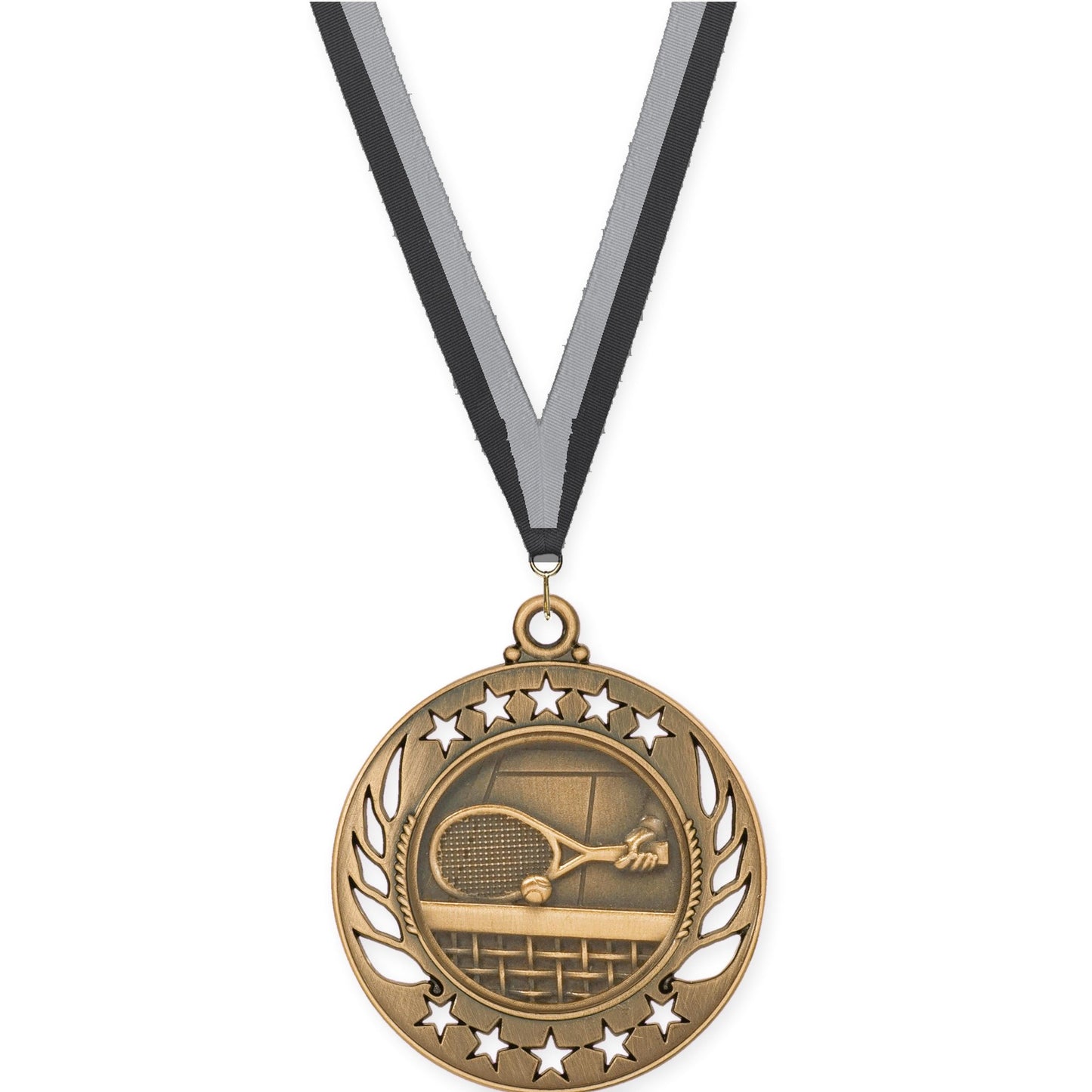 2 1/4 inch tennis Galaxy medal in antique bronze with Black Gray neck ribbon