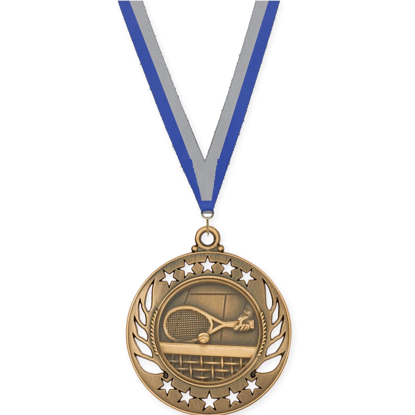 2 1/4 inch tennis Galaxy medal in antique bronze with Blue Gray neck ribbon