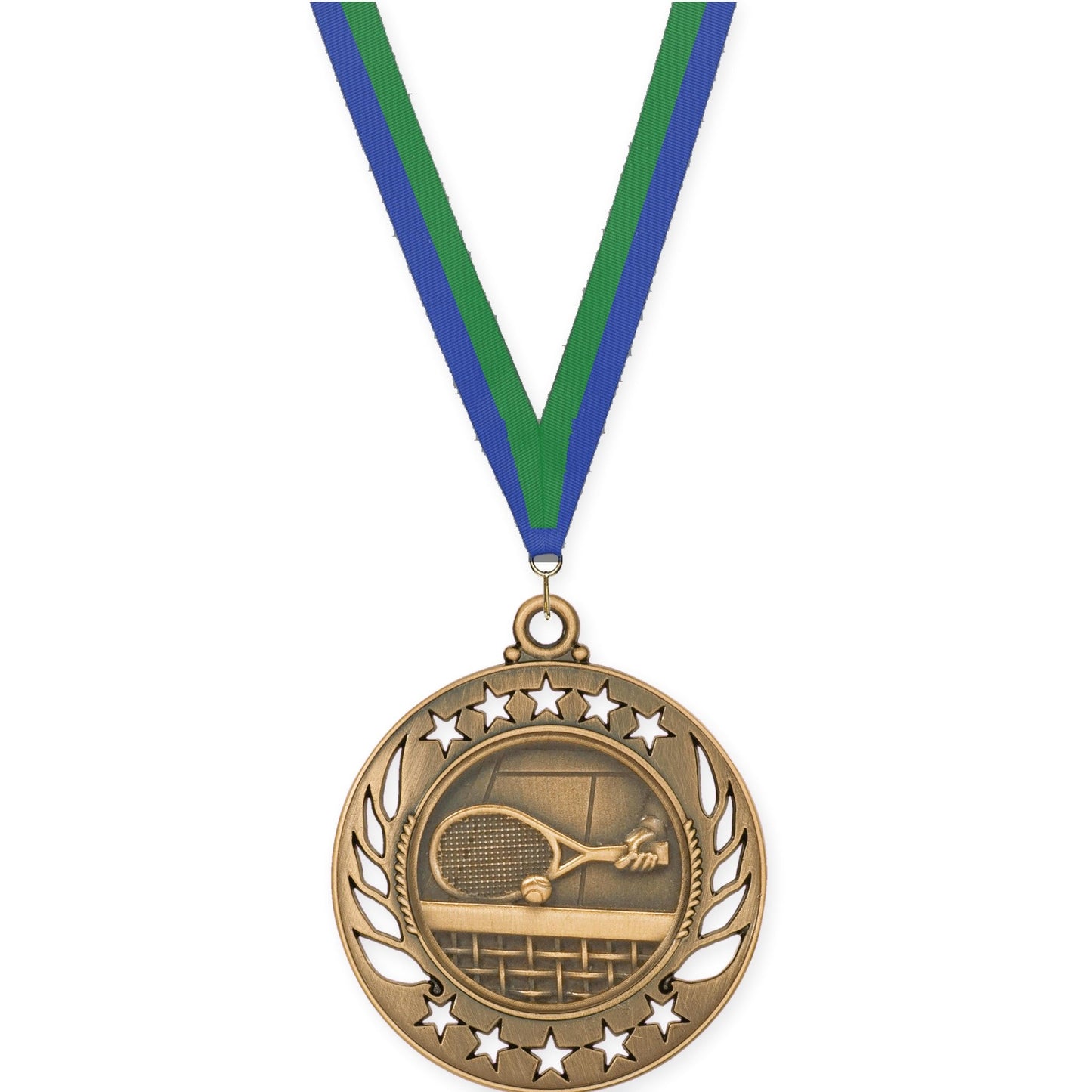 2 1/4 inch tennis Galaxy medal in antique bronze with Blue Green neck ribbon