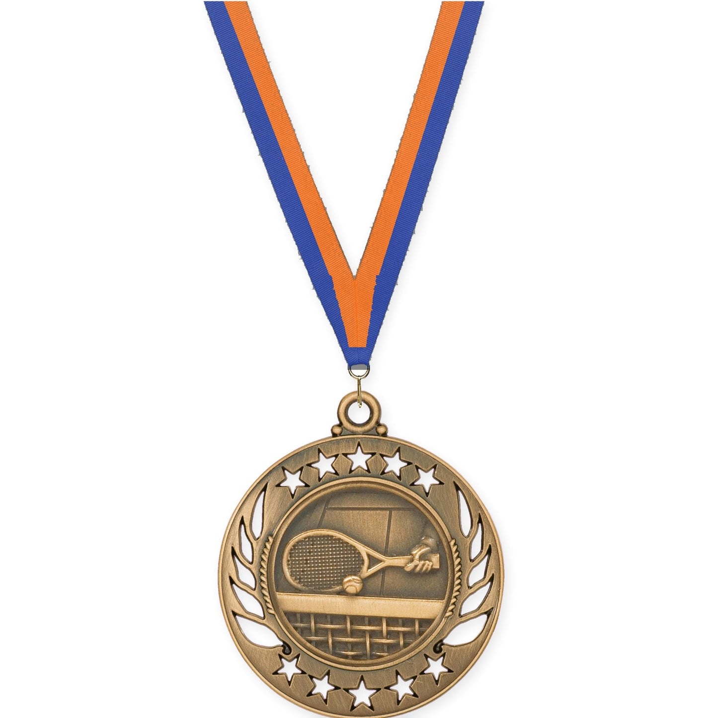 2 1/4 inch tennis Galaxy medal in antique bronze with Blue Orange neck ribbon