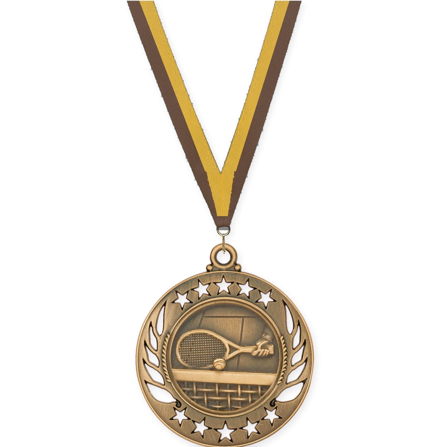 2 1/4 inch tennis Galaxy medal in antique bronze with Brown Gold neck ribbon