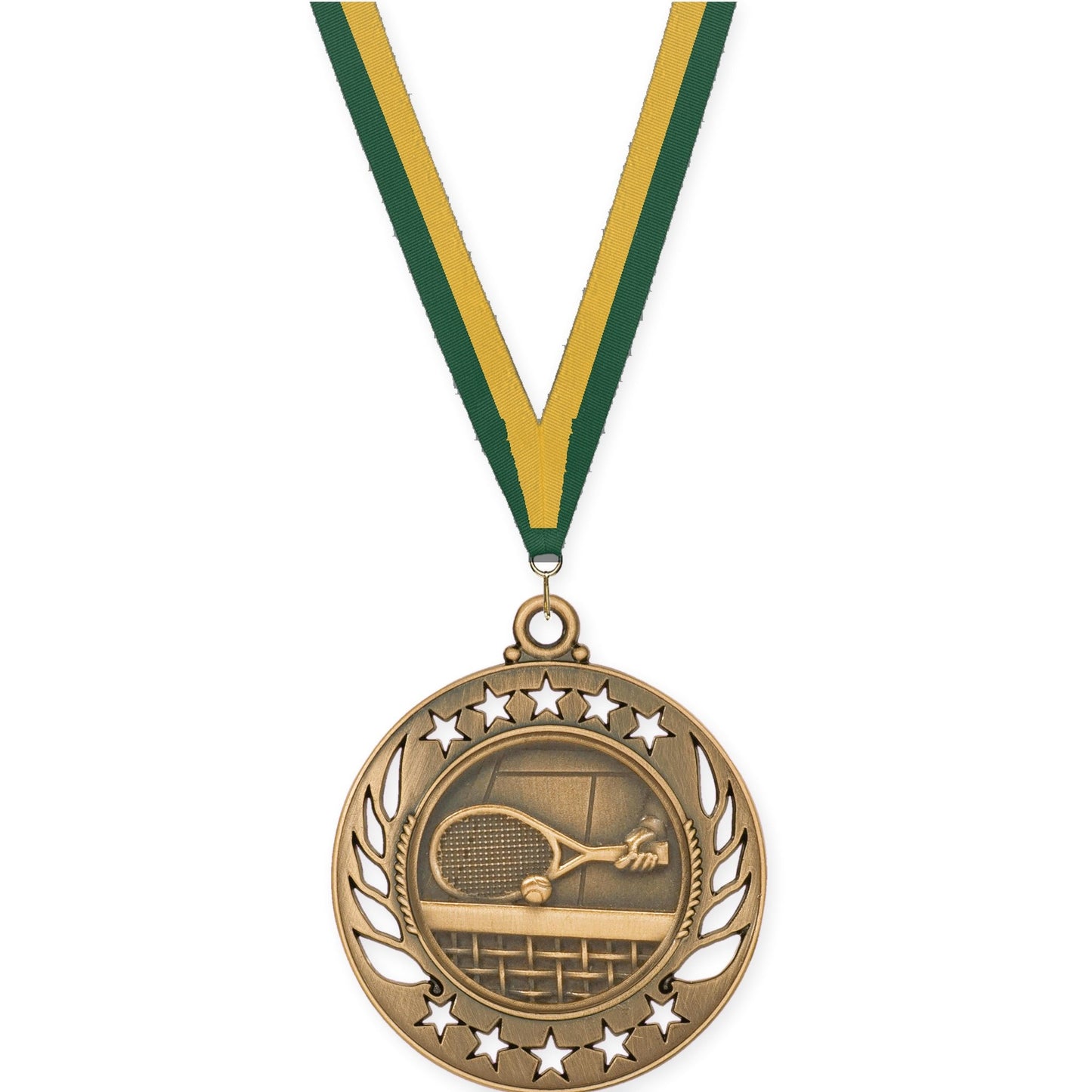 2 1/4 inch tennis Galaxy medal in antique bronze with Hunter Green Gold neck ribbon