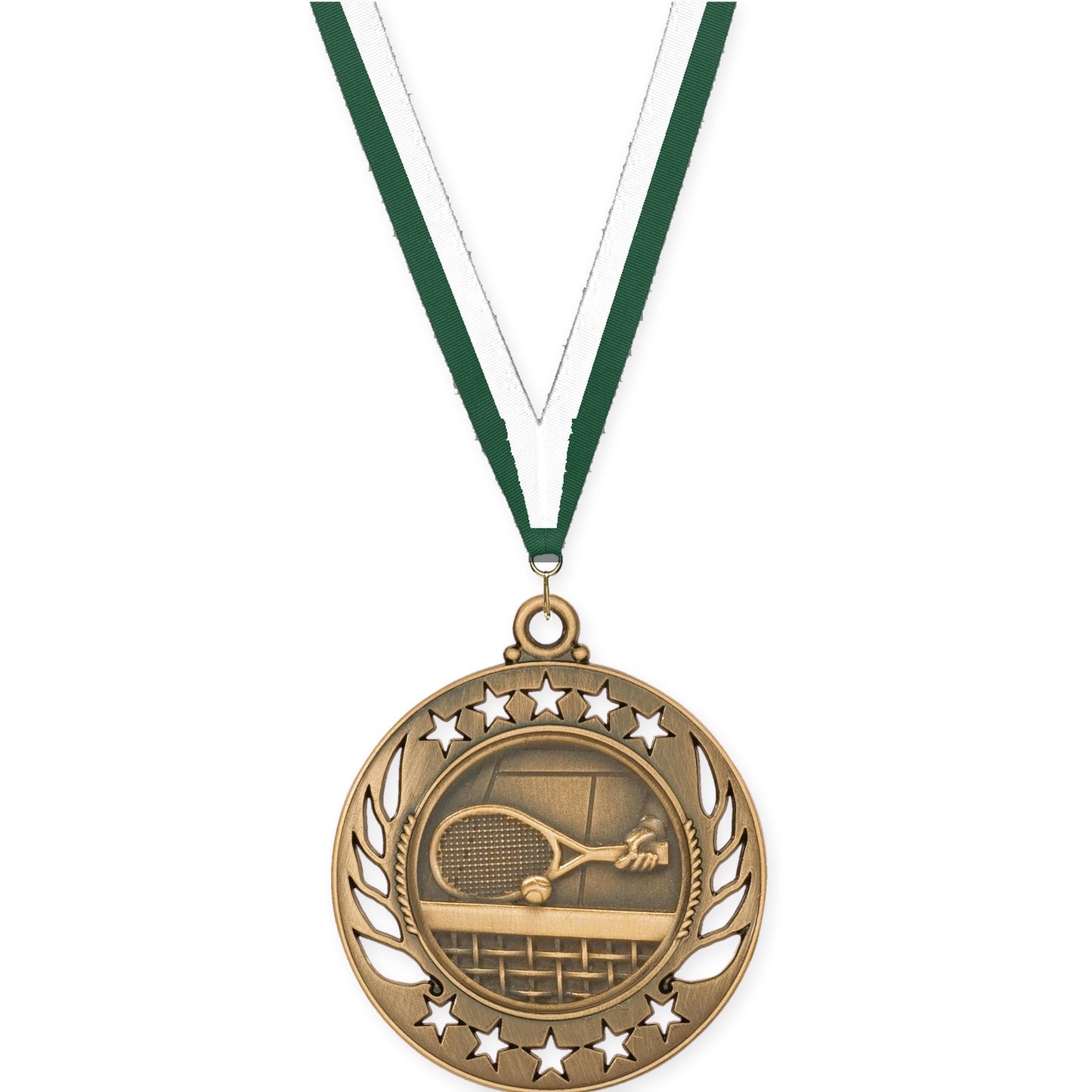 2 1/4 inch tennis Galaxy medal in antique bronze with Hunter Green White neck ribbon