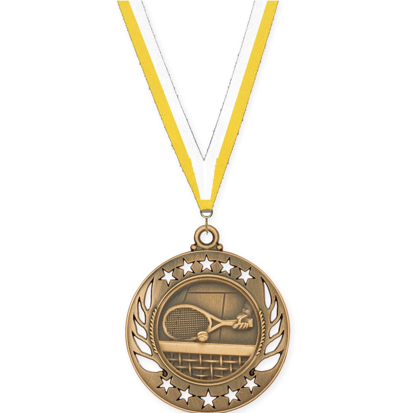 2 1/4 inch tennis Galaxy medal in antique bronze with Yellow White neck ribbon