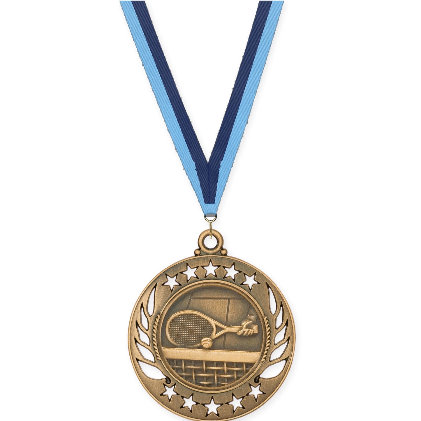 2 1/4 inch tennis Galaxy medal in antique bronze with Light Blue Navy neck ribbon