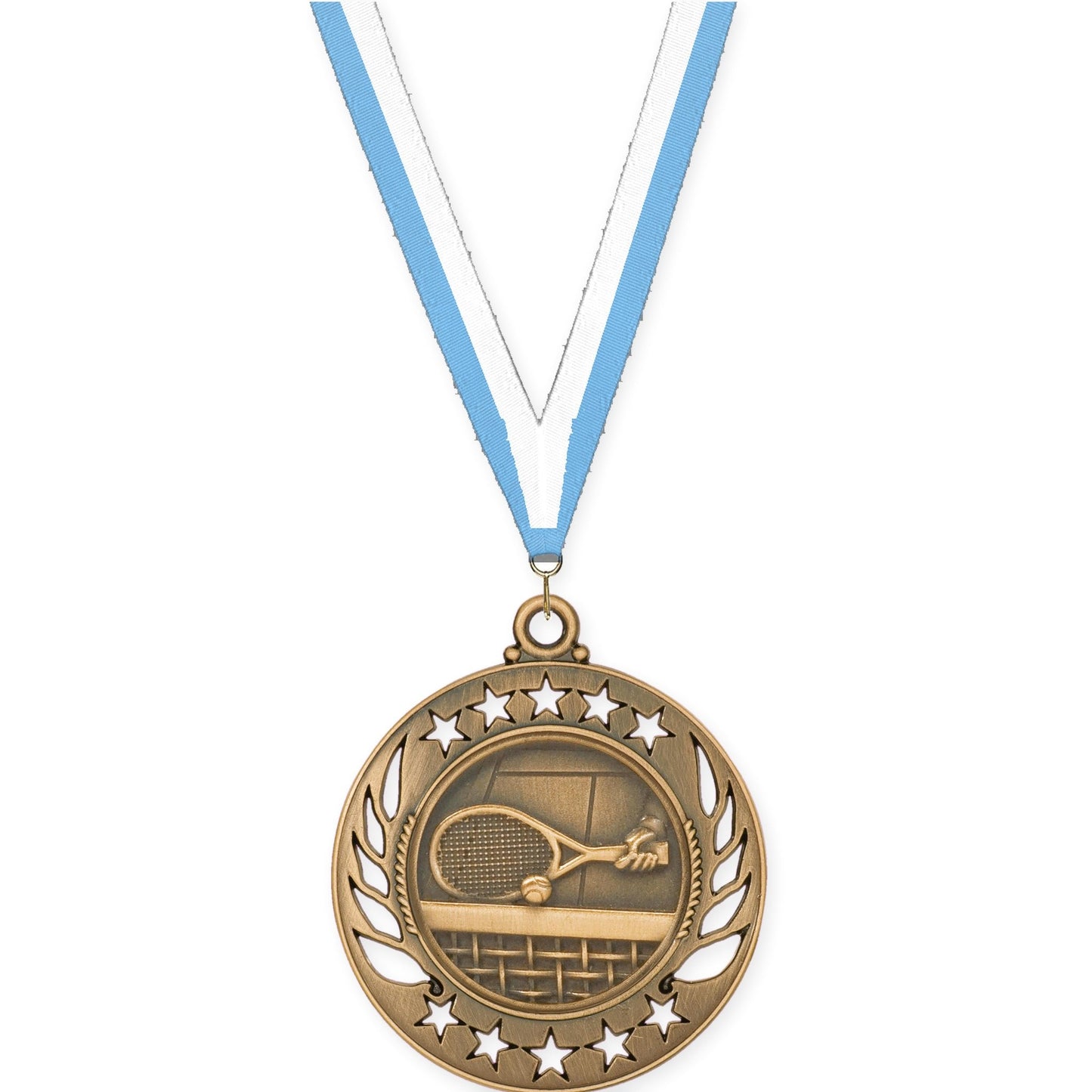 2 1/4 inch tennis Galaxy medal in antique bronze with Light Blue White neck ribbon