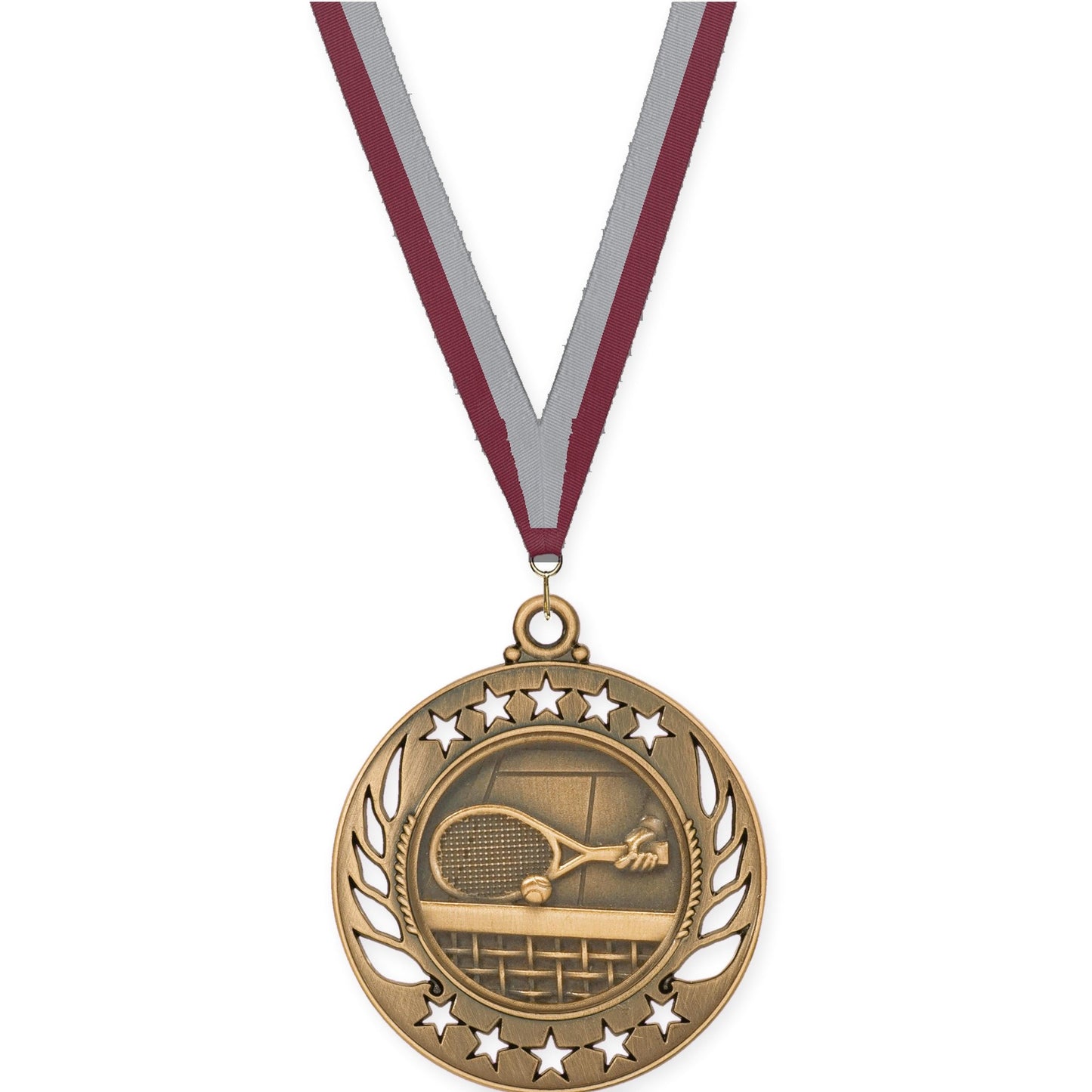2 1/4 inch tennis Galaxy medal in antique bronze with Maroon Gray neck ribbon
