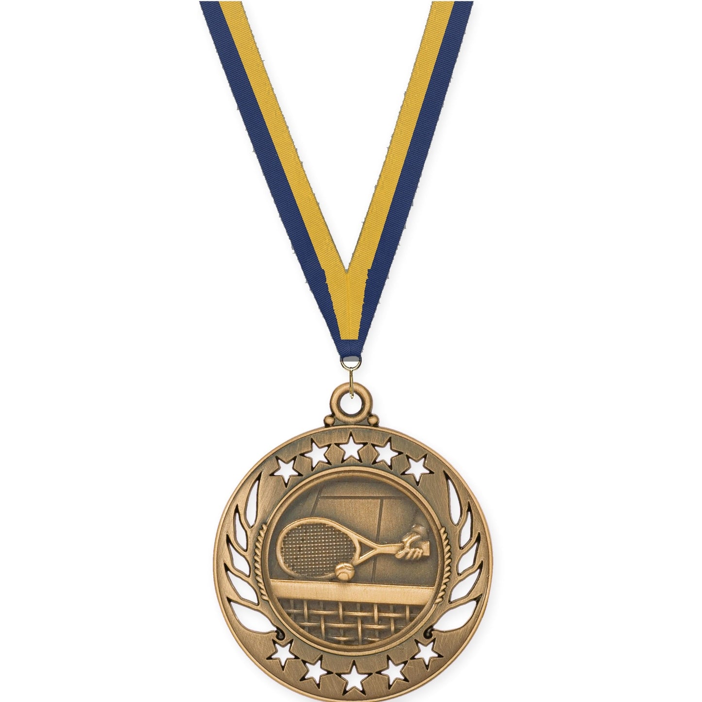 2 1/4 inch tennis Galaxy medal in antique bronze with Navy Gold neck ribbon