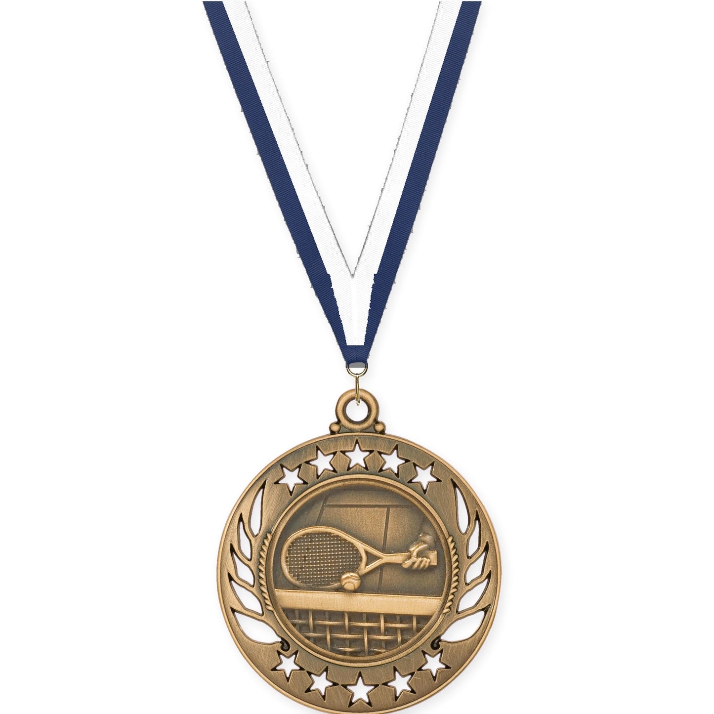 2 1/4 inch tennis Galaxy medal in antique bronze with Navy White neck ribbon