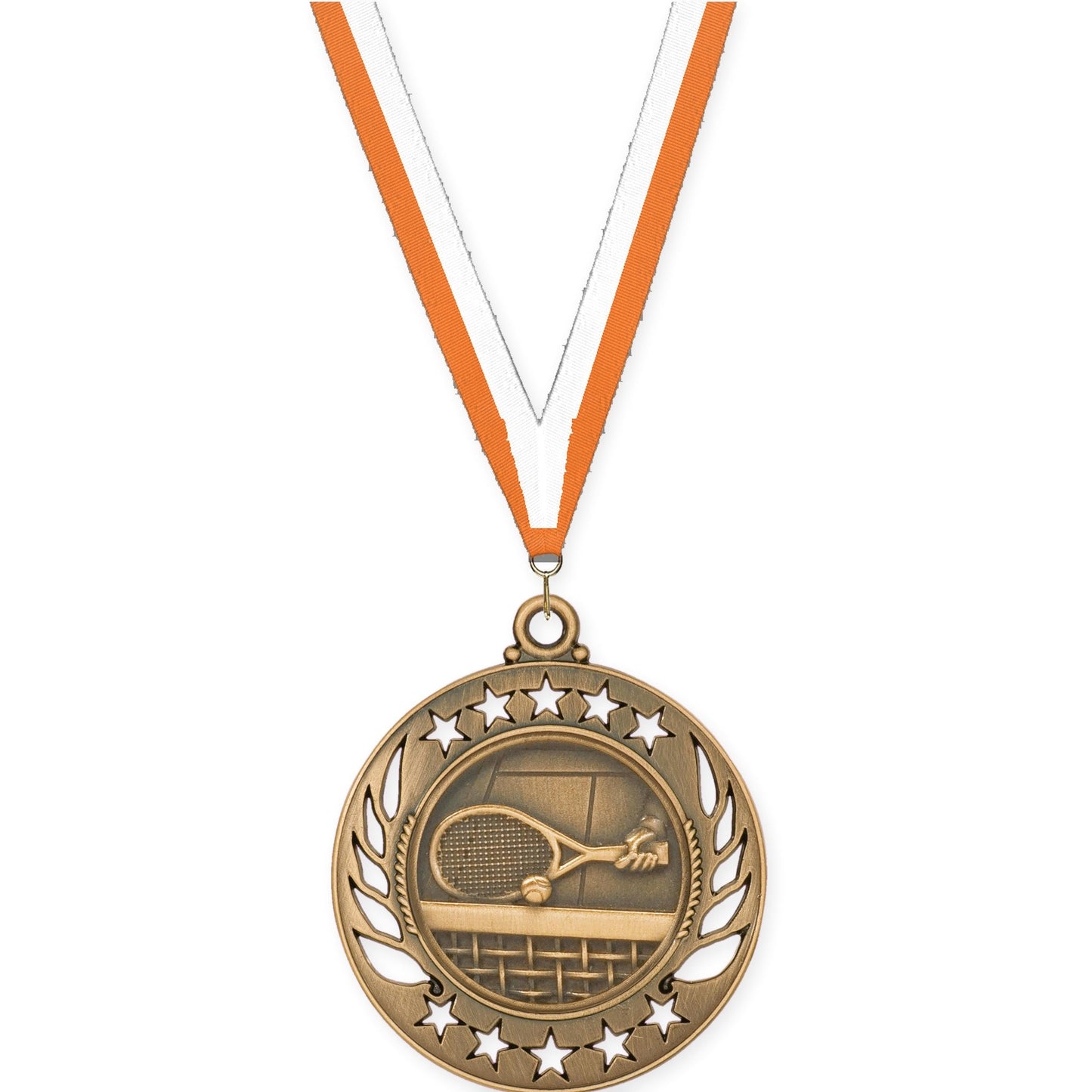 2 1/4 inch tennis Galaxy medal in antique bronze with Orange White neck ribbon