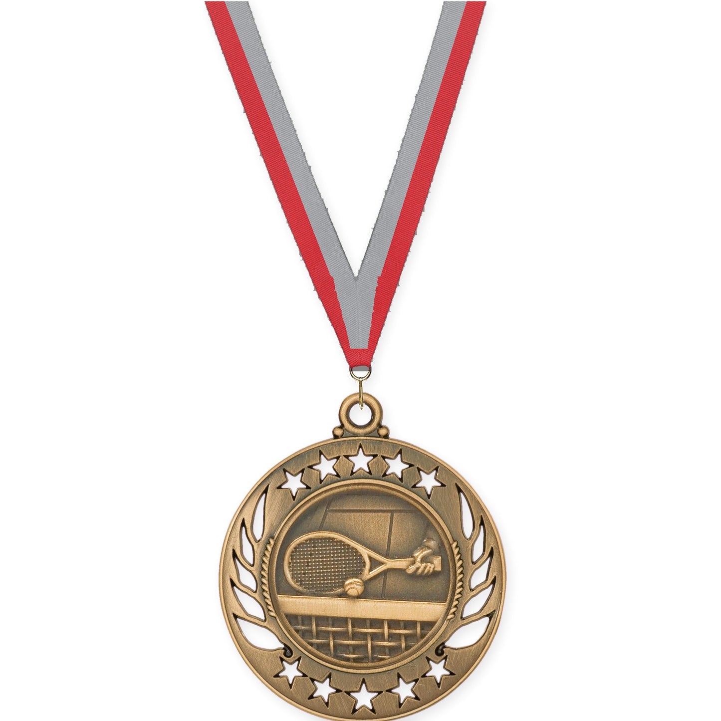 2 1/4 inch tennis Galaxy medal in antique bronze with Red Gray neck ribbon