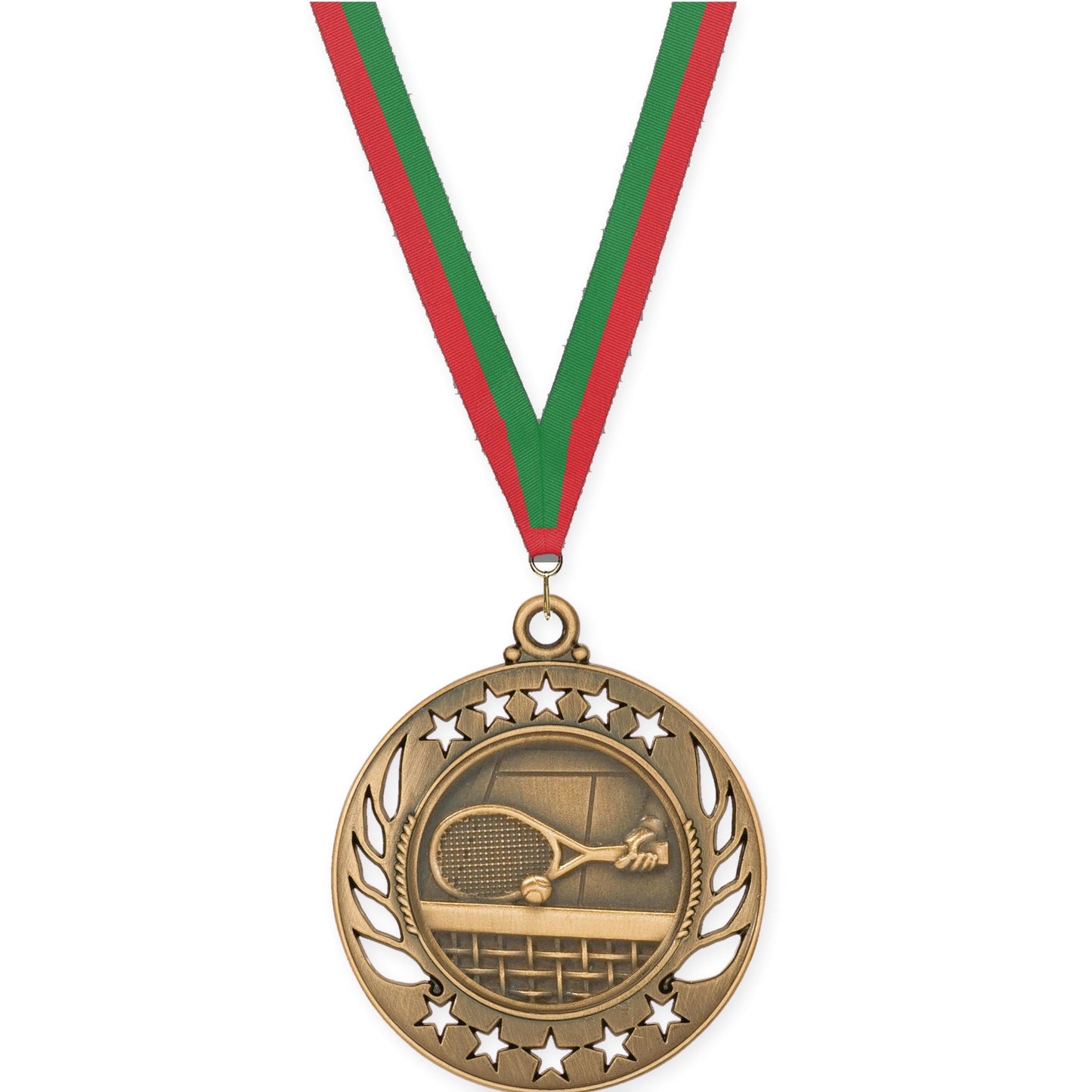 2 1/4 inch tennis Galaxy medal in antique bronze with Red Green neck ribbon
