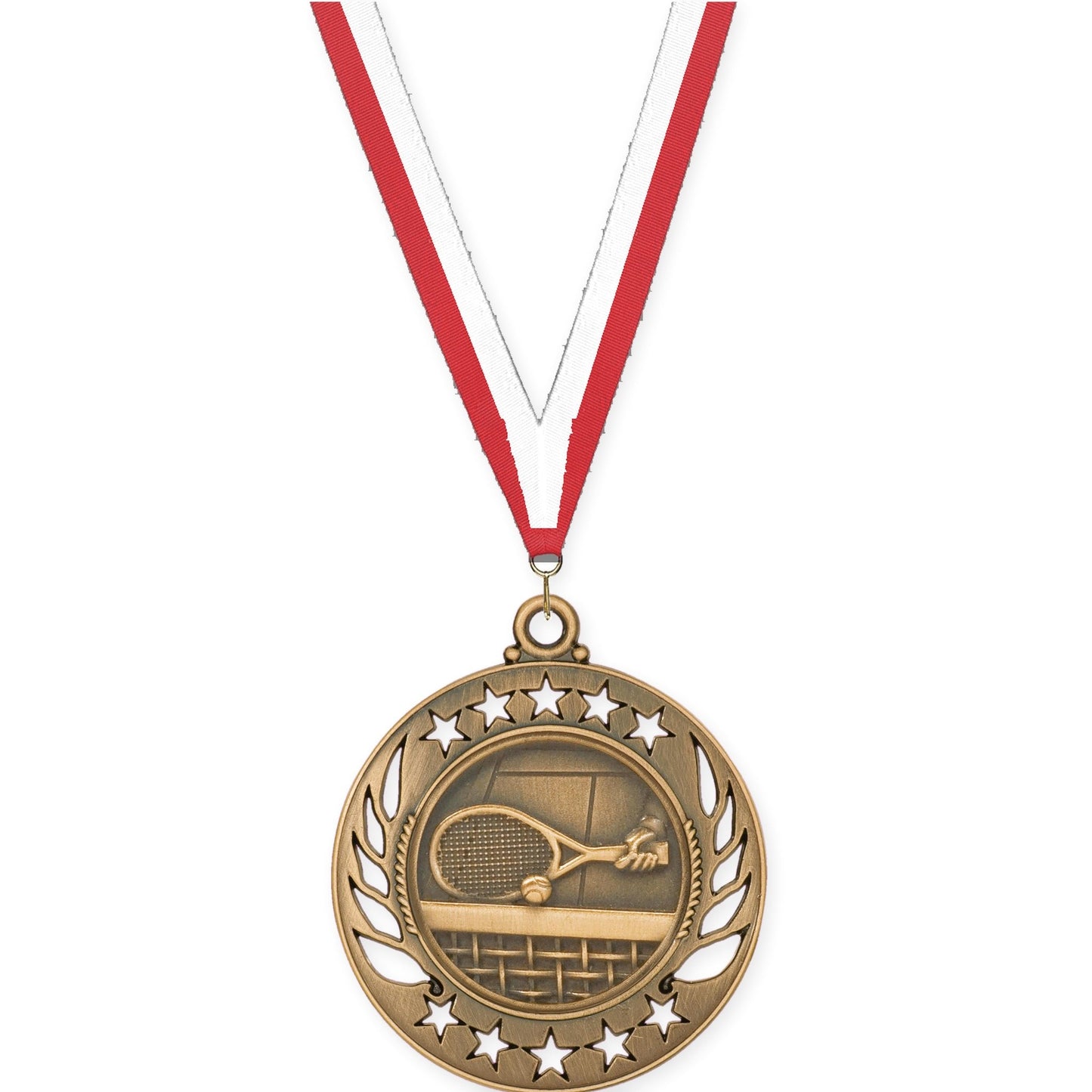 2 1/4 inch tennis Galaxy medal in antique bronze with Red White neck ribbon